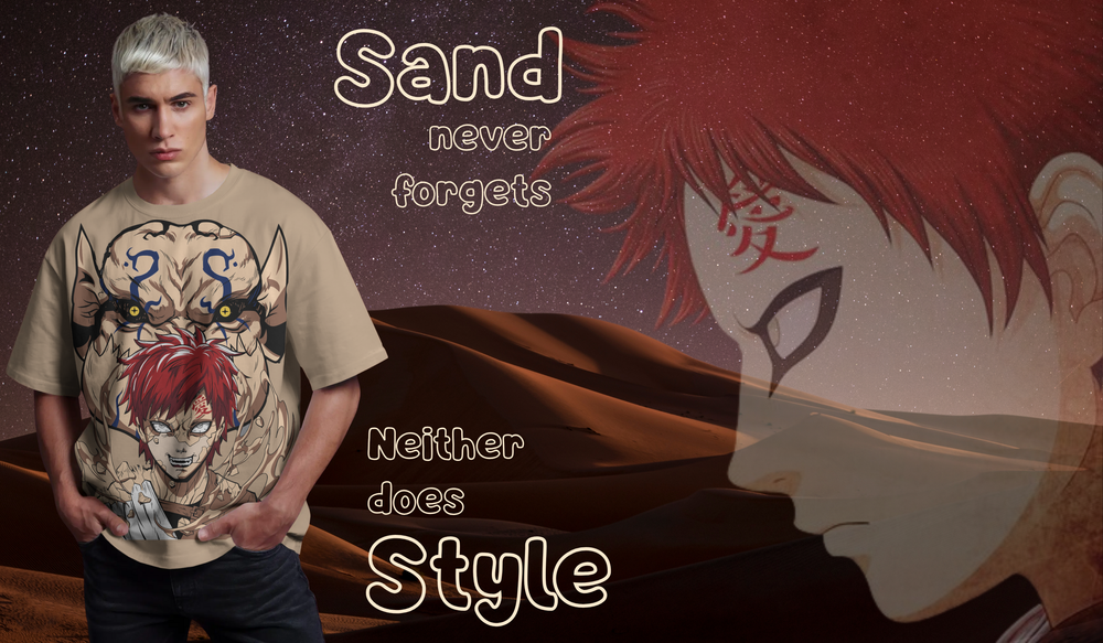 "Gaara oversized T-shirt featuring bold Naruto anime graphic of the Sand Village shinobi, unisex streetwear tee for anime and manga fans."