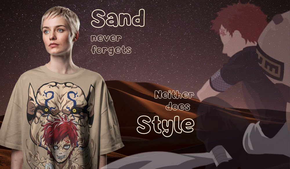 "Gaara oversized T-shirt featuring bold Naruto anime graphic of the Sand Village shinobi, unisex streetwear tee for anime and manga fans."