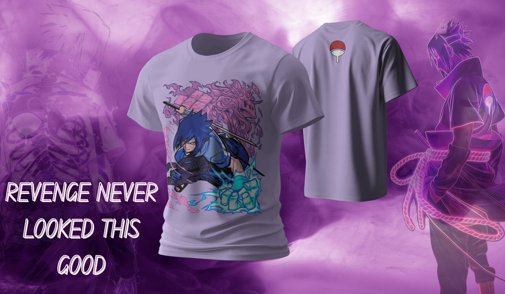 Sasuke Uchiha regular fit T-shirt with front anime character print and bold Uchiha clan logo on the back, Naruto-themed graphic tee for fans