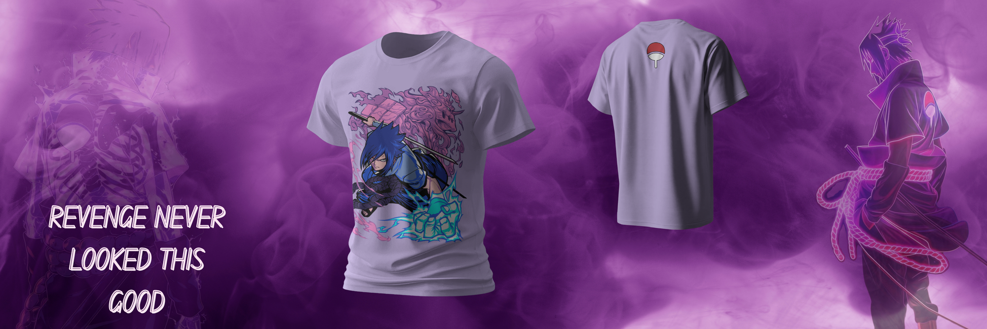 "Sasuke Uchiha regular fit T-shirt with front anime character print and bold Uchiha clan logo on the back, Naruto-themed graphic tee for fans."