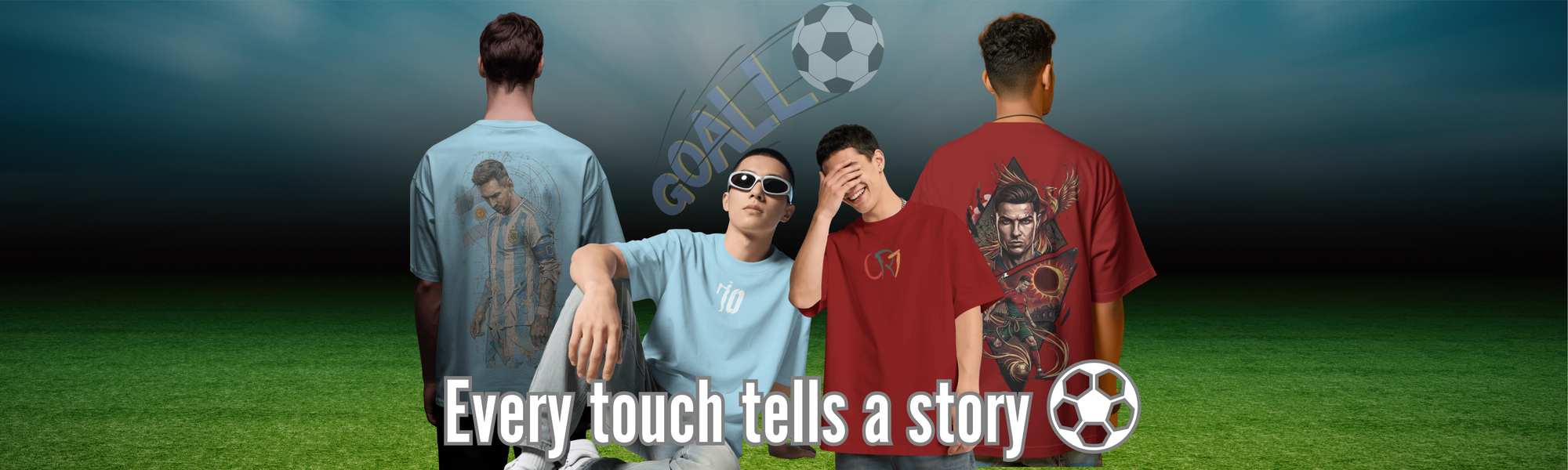 Four men standing on a soccer field wearing graphic t-shirts, shown from the back to display the designs. The shirts feature various soccer and anime-inspired graphics, including a large player silhouette on a light blue shirt, a red shirt with a muscular tattoo graphic, and a light blue shirt with a white logo.
