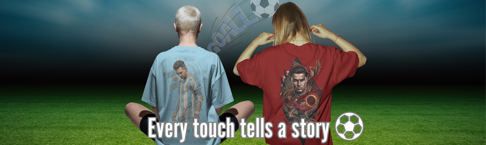 Two people sitting on a soccer field from behind, wearing graphic t-shirts. The man wears a light blue t-shirt with a soccer player graphic on the back, and the woman wears a red t-shirt with a soccer player graphic on the front.
