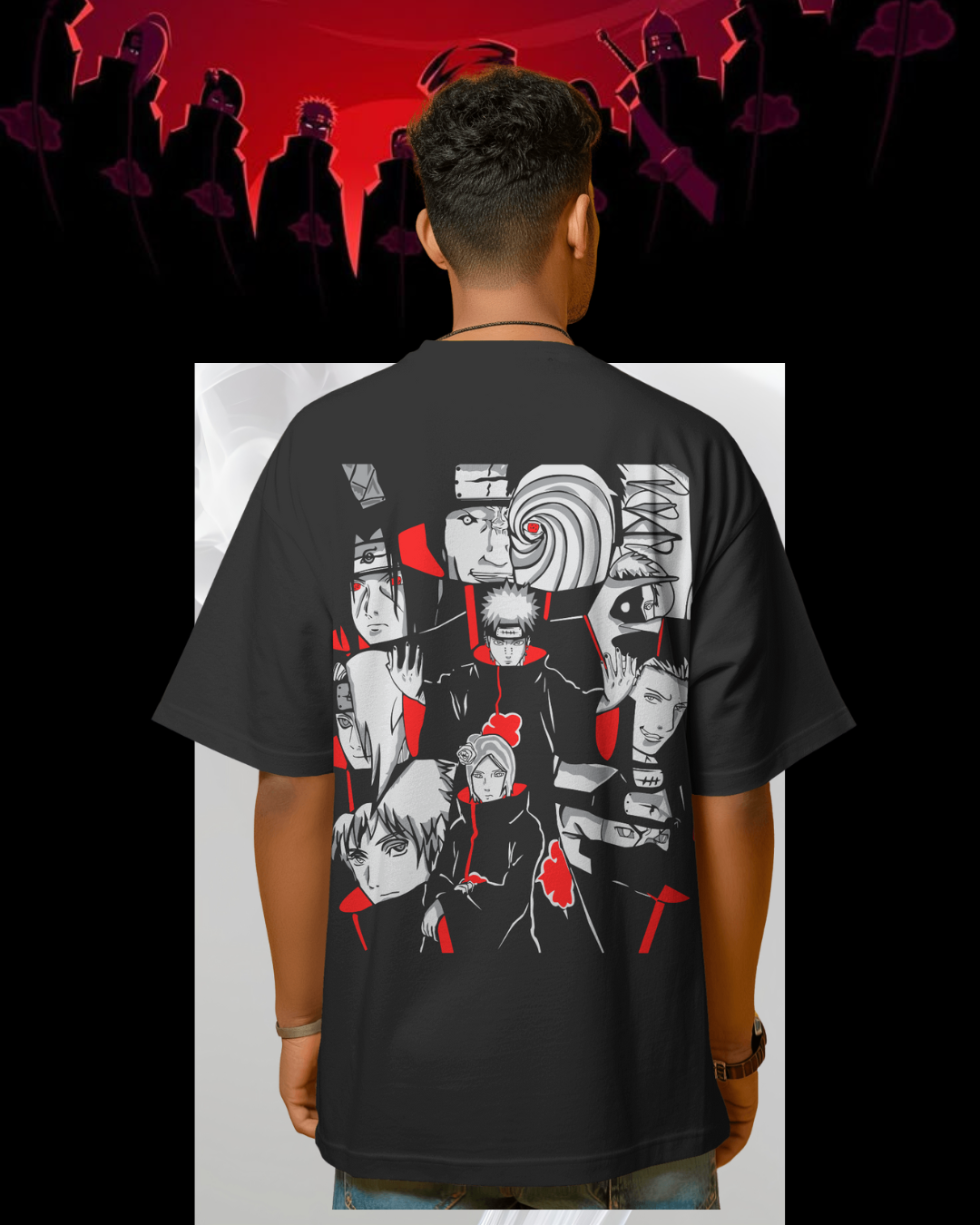 Akatsuki printed oversized T-shirt featuring iconic red cloud design – Naruto anime streetwear for men and women