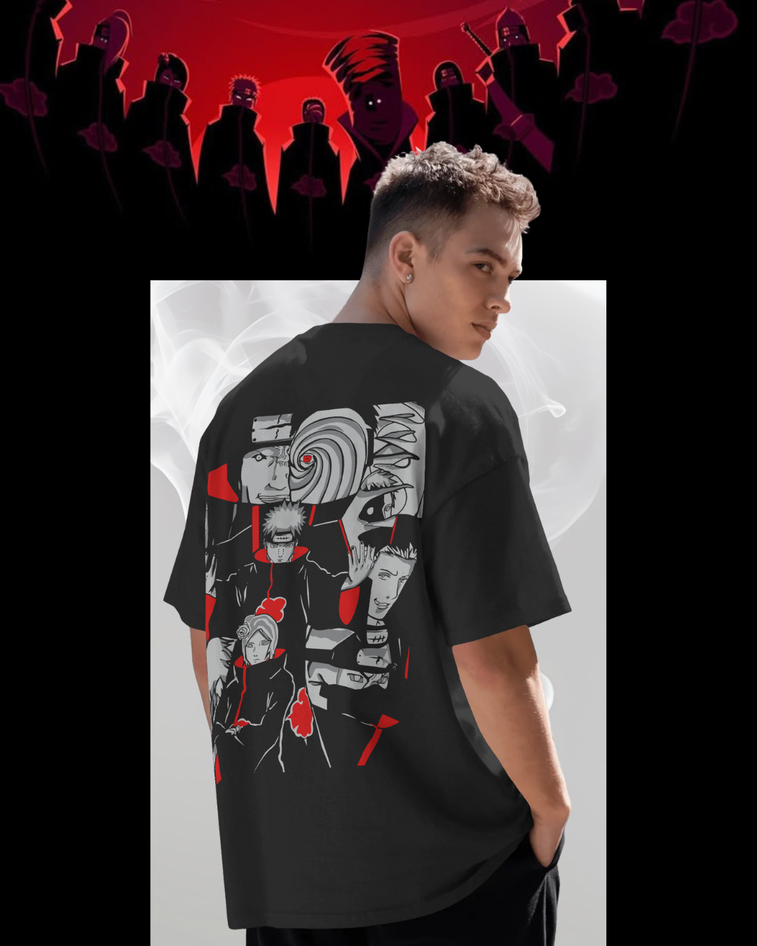 Akatsuki printed oversized T-shirt featuring iconic red cloud design – Naruto anime streetwear for men and women