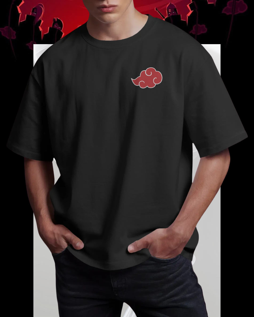 Akatsuki printed oversized T-shirt featuring iconic red cloud design – Naruto anime streetwear for men and women