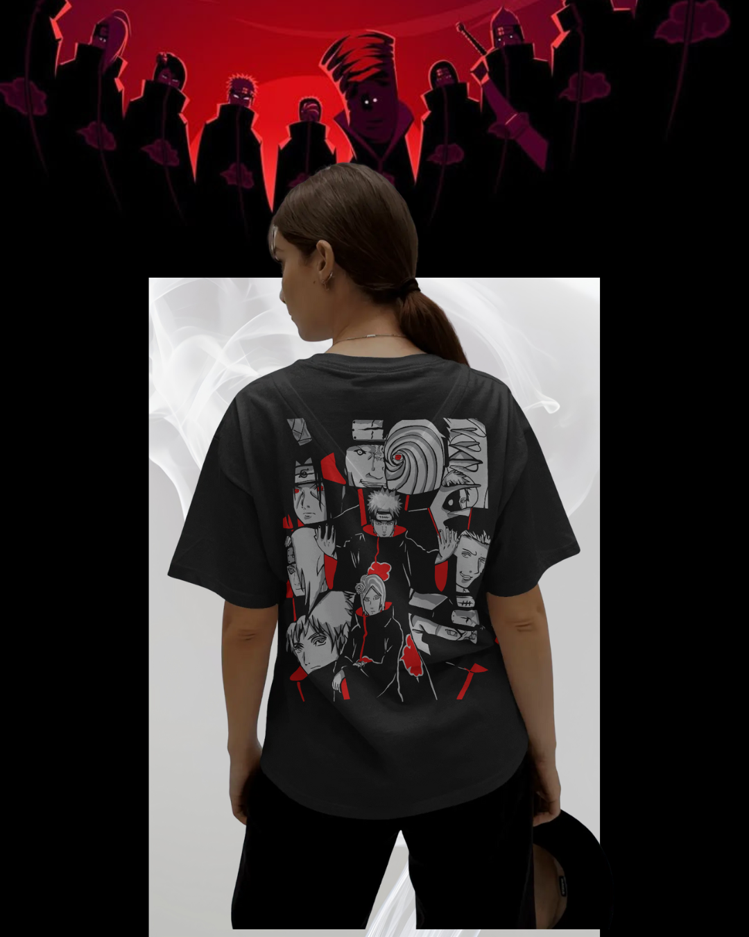 Akatsuki printed oversized T-shirt featuring iconic red cloud design – Naruto anime streetwear for men and women