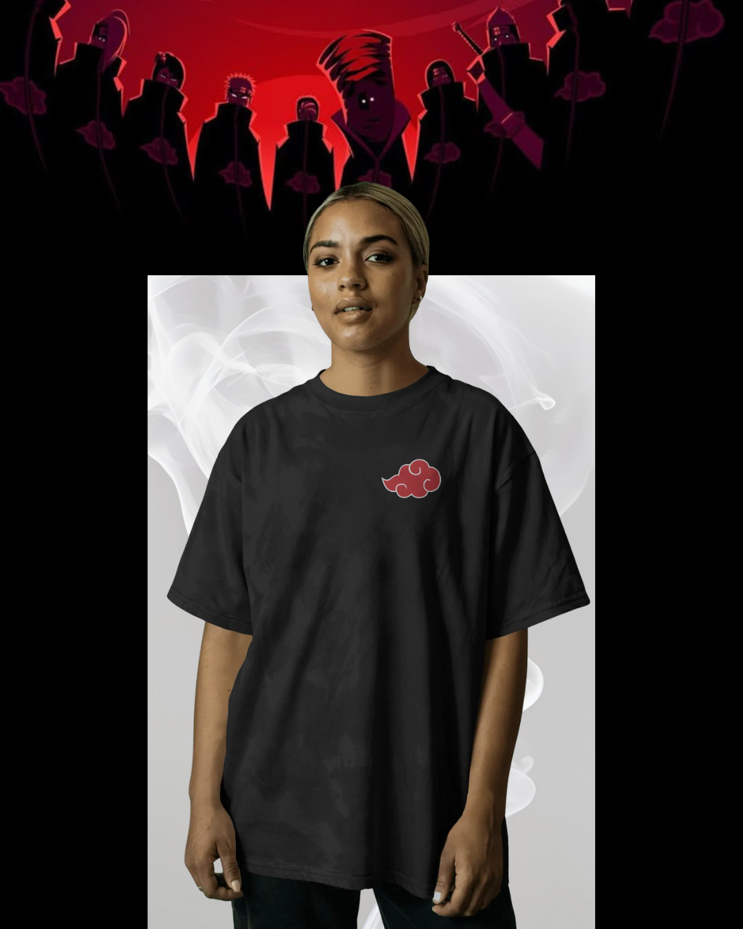 Akatsuki printed oversized T-shirt featuring iconic red cloud design – Naruto anime streetwear for men and women