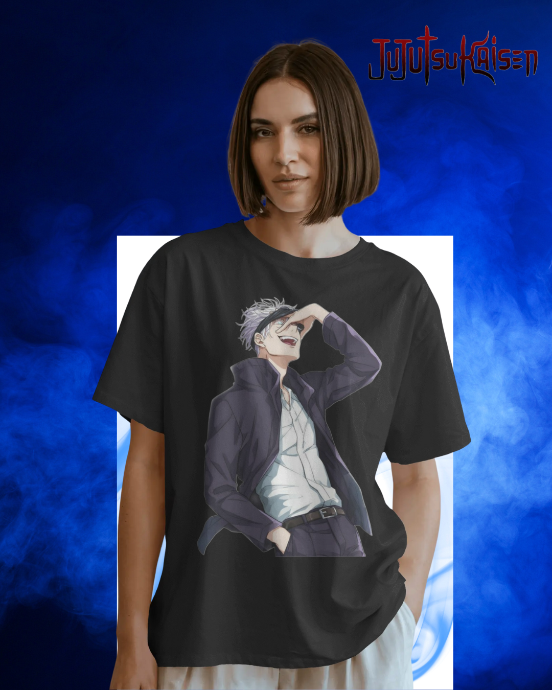 Gojo Satoru oversized T-shirt with bold anime print – unisex streetwear inspired by Jujutsu Kaisen