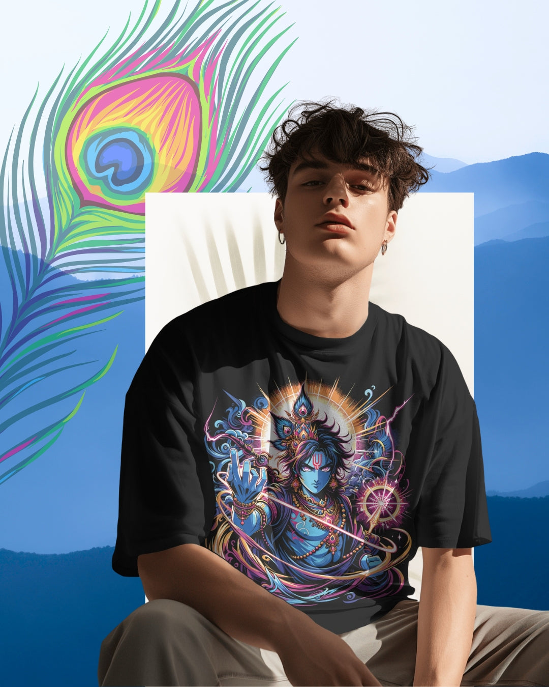 Oversized cotton t-shirt with Lord Krishna design – devotional wear