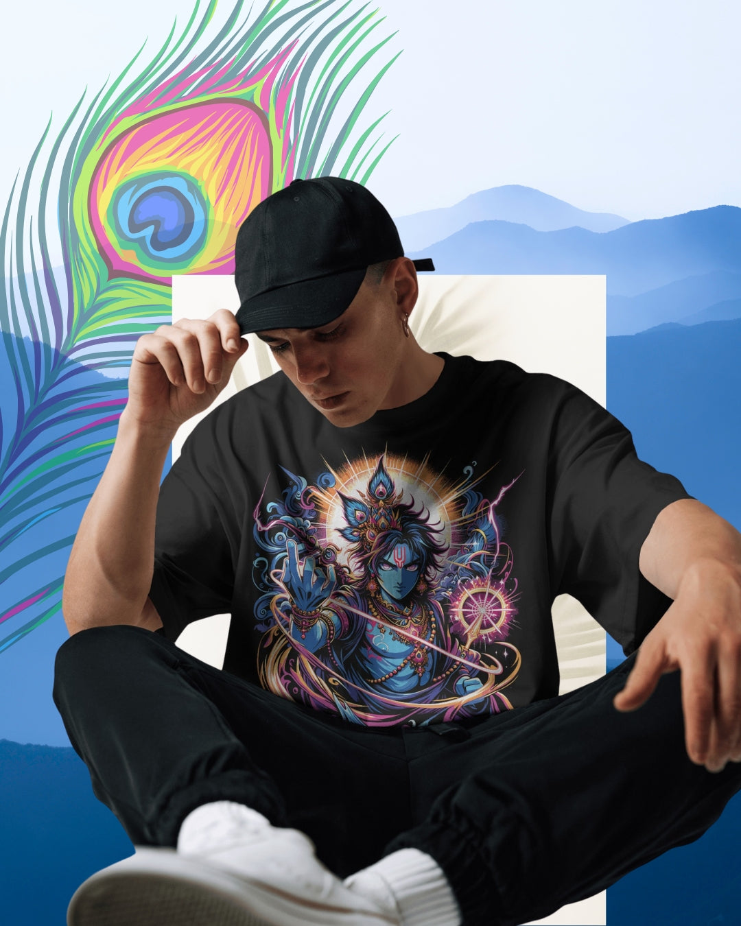 Oversized cotton t-shirt with Lord Krishna design – devotional wear