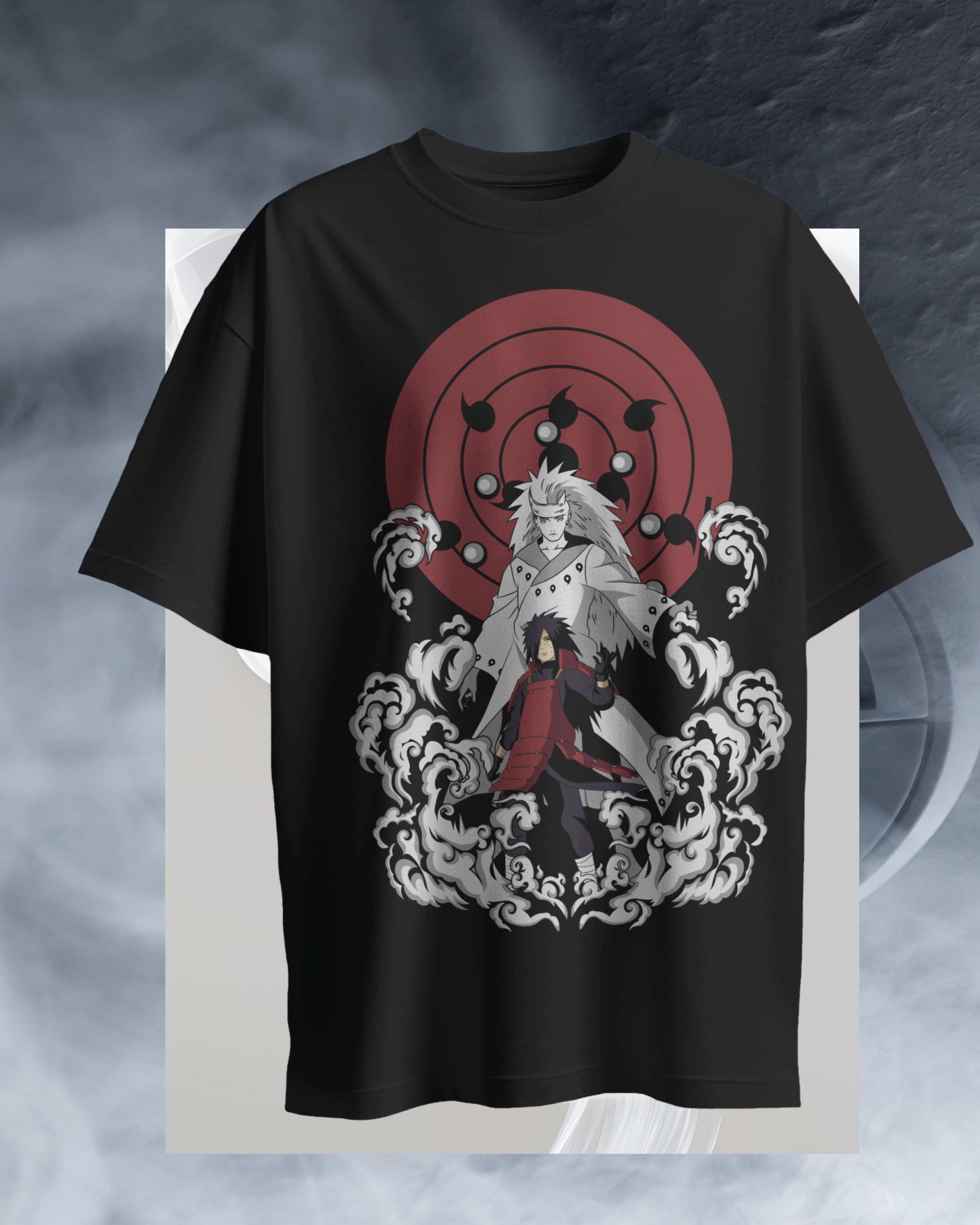 Madara oversized printed T-shirt featuring Uchiha Madara from Naruto anime – stylish unisex anime streetwear for fans