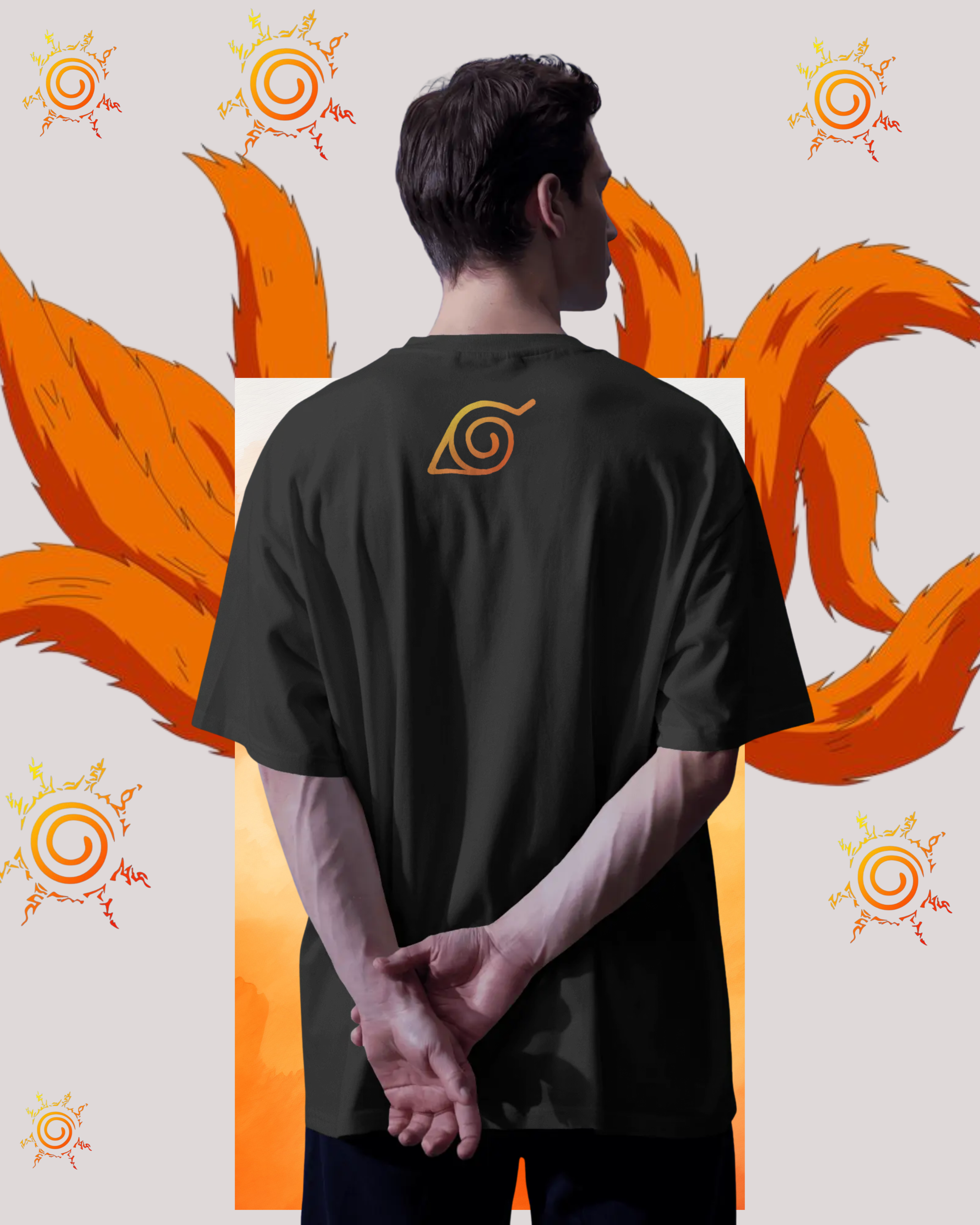 Naruto oversized T-shirt featuring Hidden Leaf Village logo print on the back, unisex anime streetwear tee for Naruto Shippuden fans.