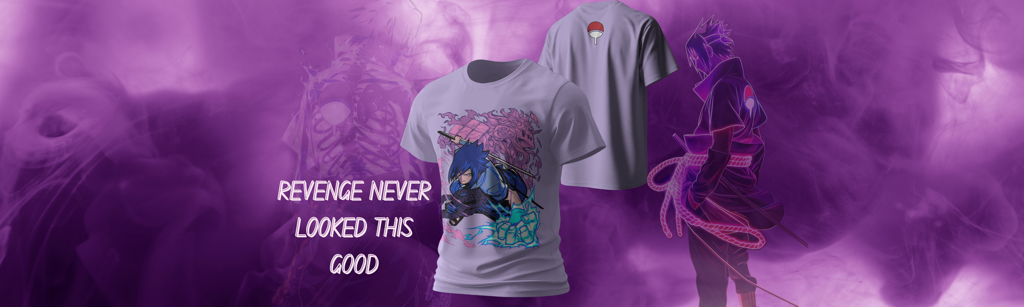 T-shirt with anime character design on a purple background with text 'REVENGE NEVER LOOKED THIS GOOD'
