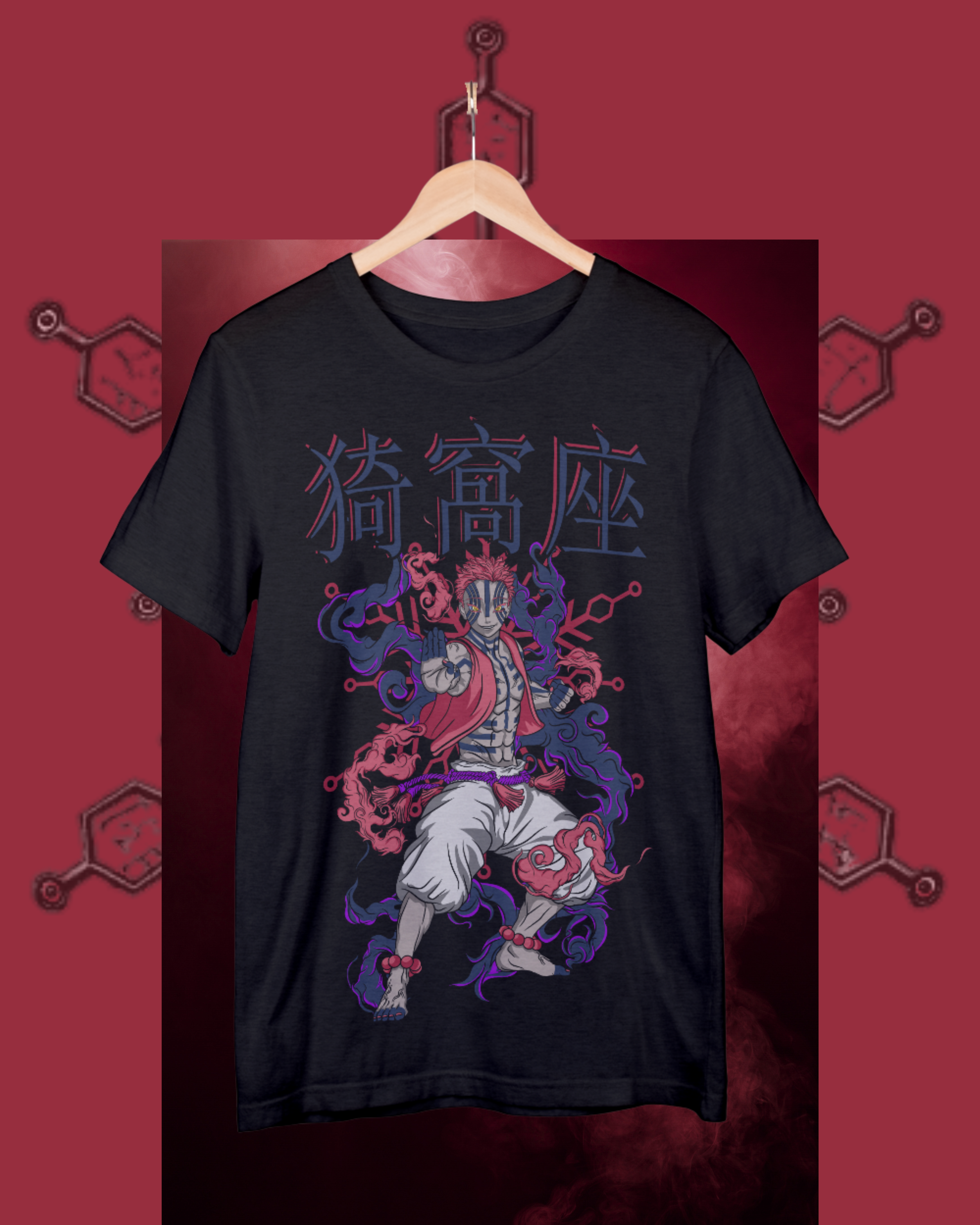 Oversized black t-shirt featuring Akaza from Demon Slayer in a bold graphic design, anime streetwear style.
