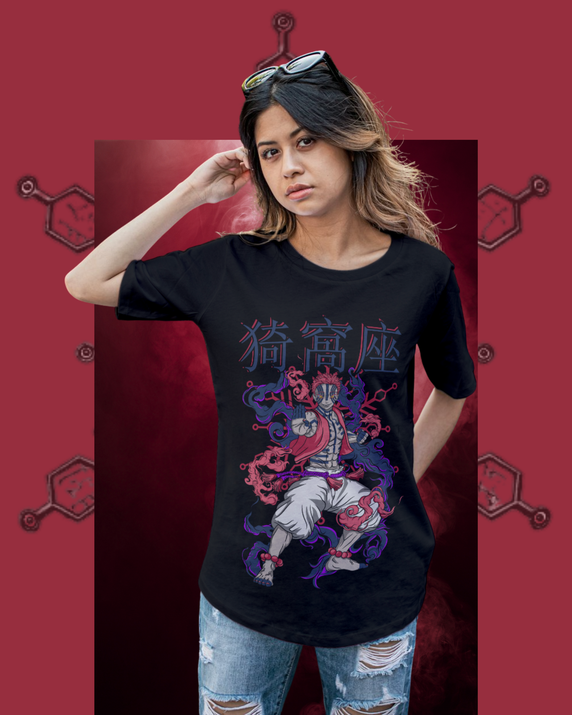 Oversized black t-shirt featuring Akaza from Demon Slayer in a bold graphic design, anime streetwear style for women