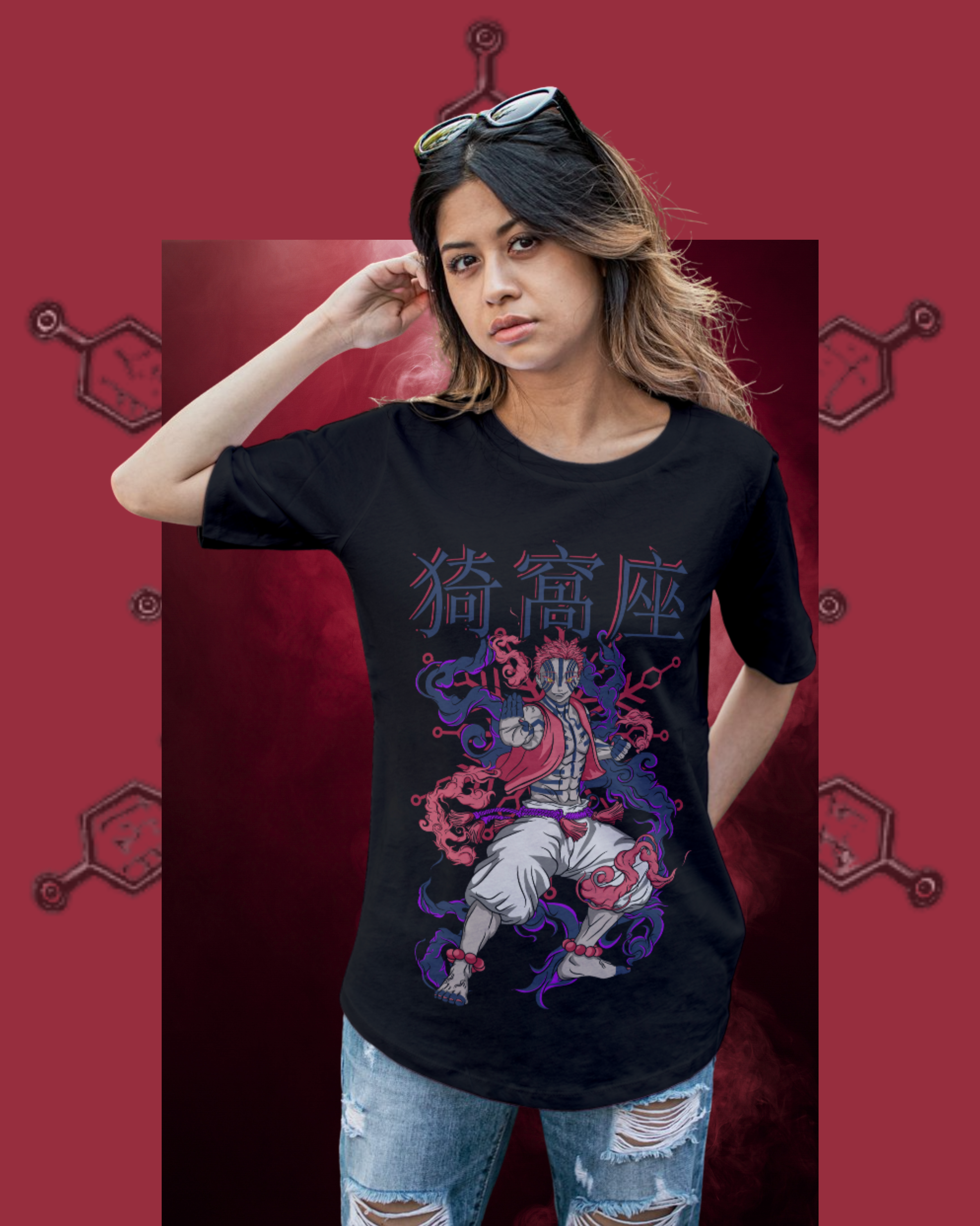 Oversized black t-shirt featuring Akaza from Demon Slayer in a bold graphic design, anime streetwear style for women
