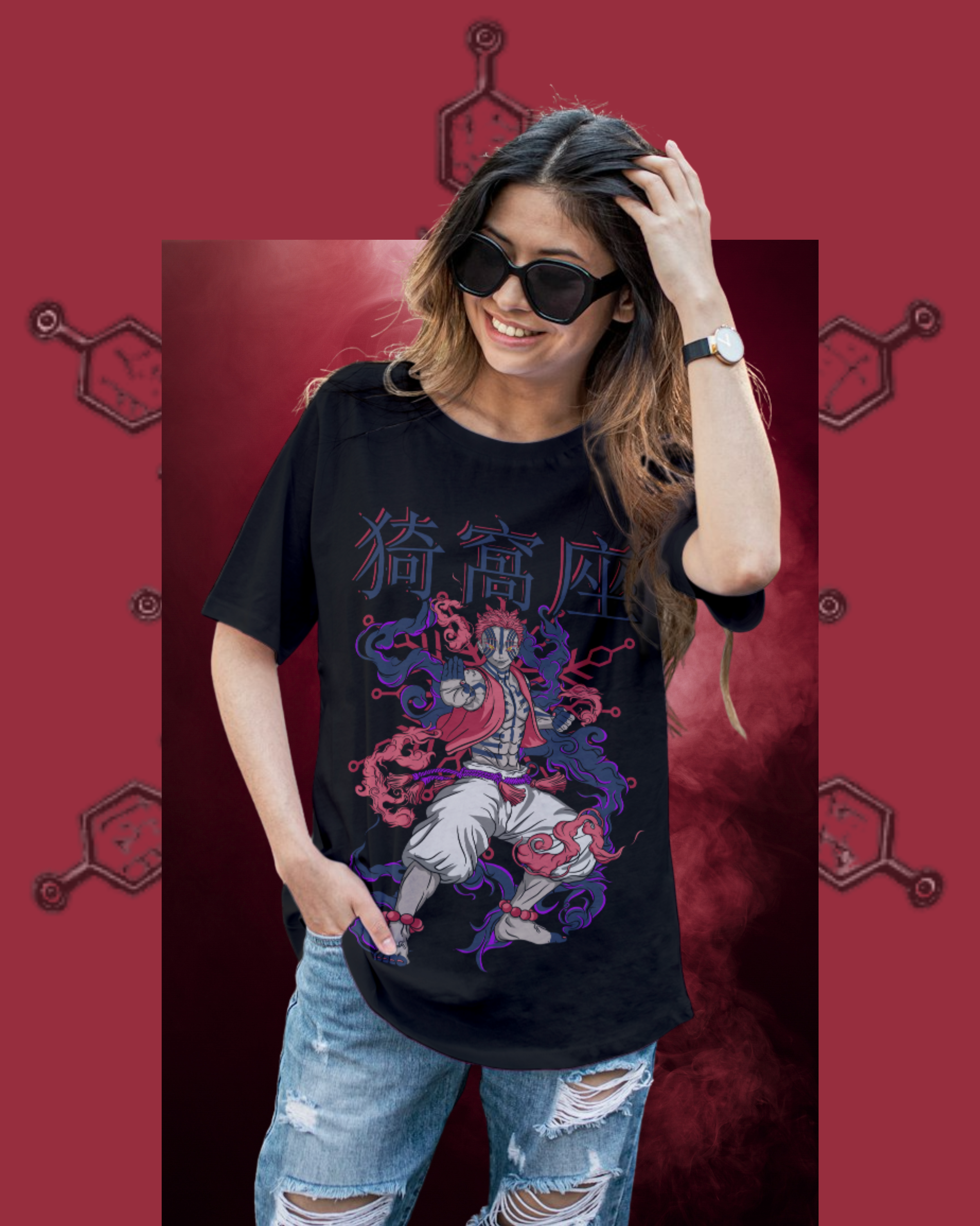 Oversized black t-shirt featuring Akaza from Demon Slayer in a bold graphic design, anime streetwear style for women