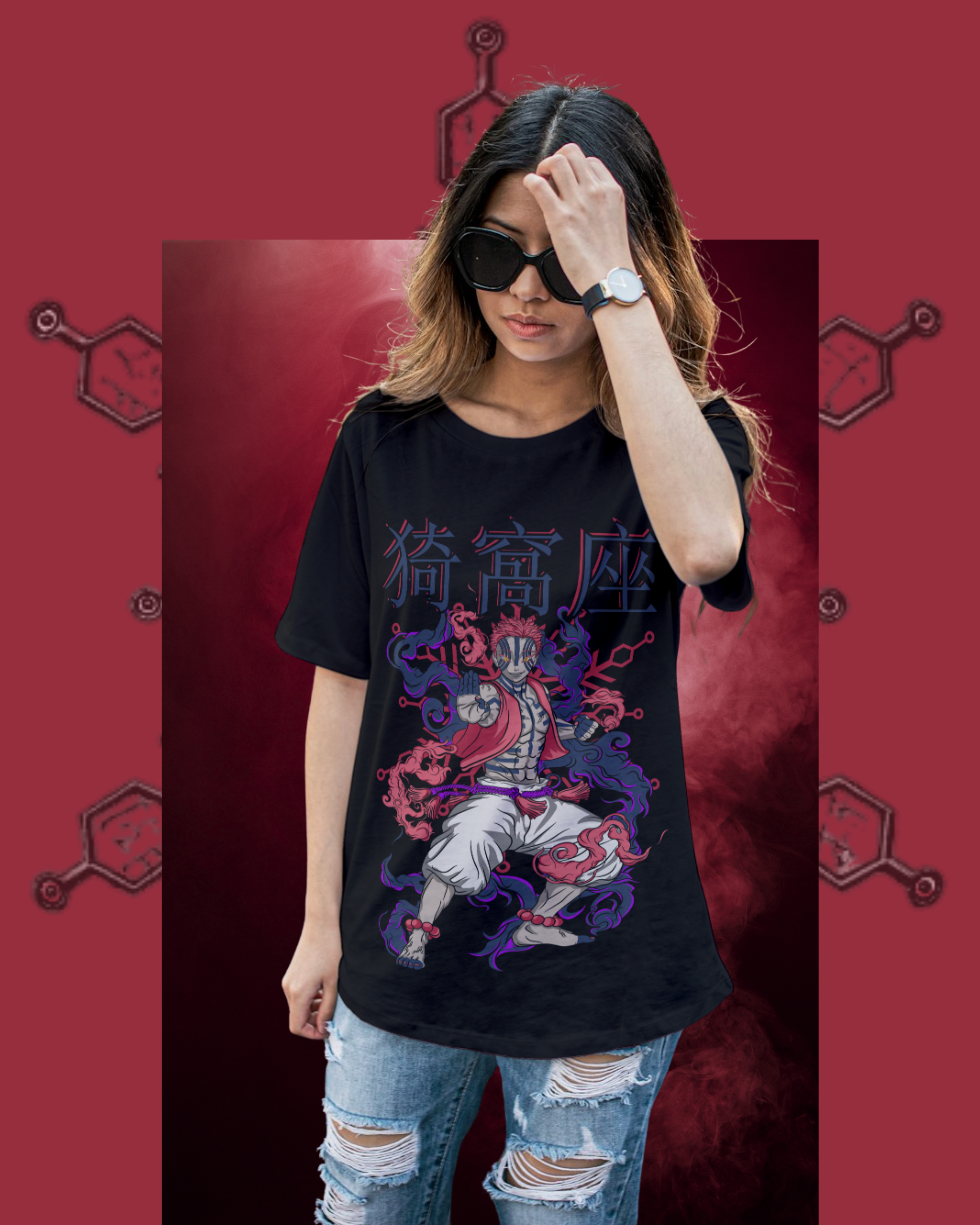 Oversized black t-shirt featuring Akaza from Demon Slayer in a bold graphic design, anime streetwear style for women