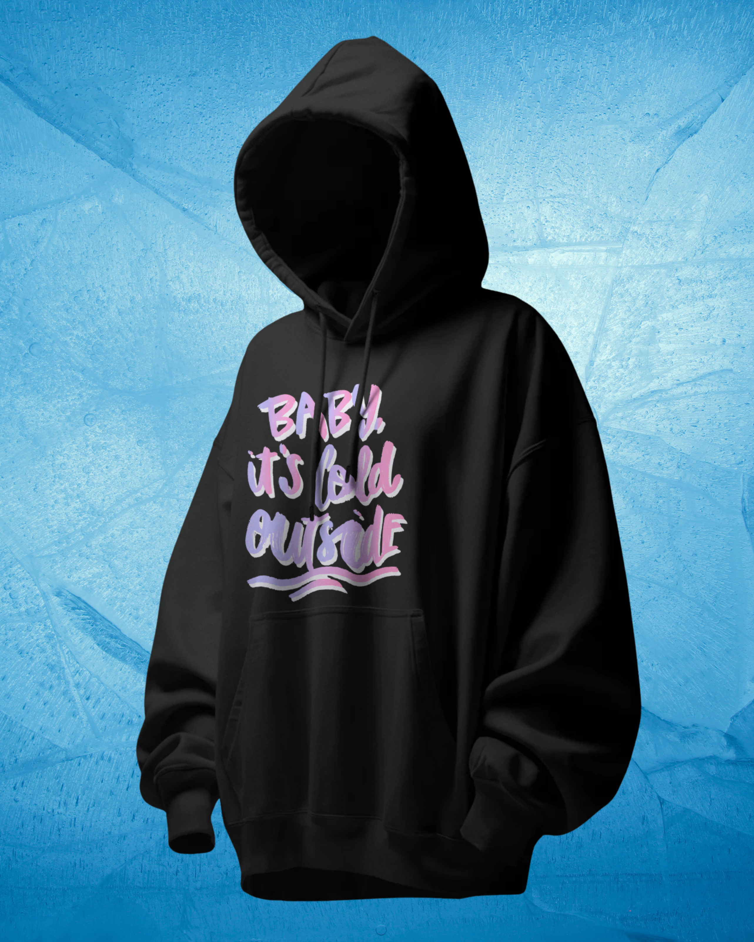 Black hoodie with pink text on a blue textured background