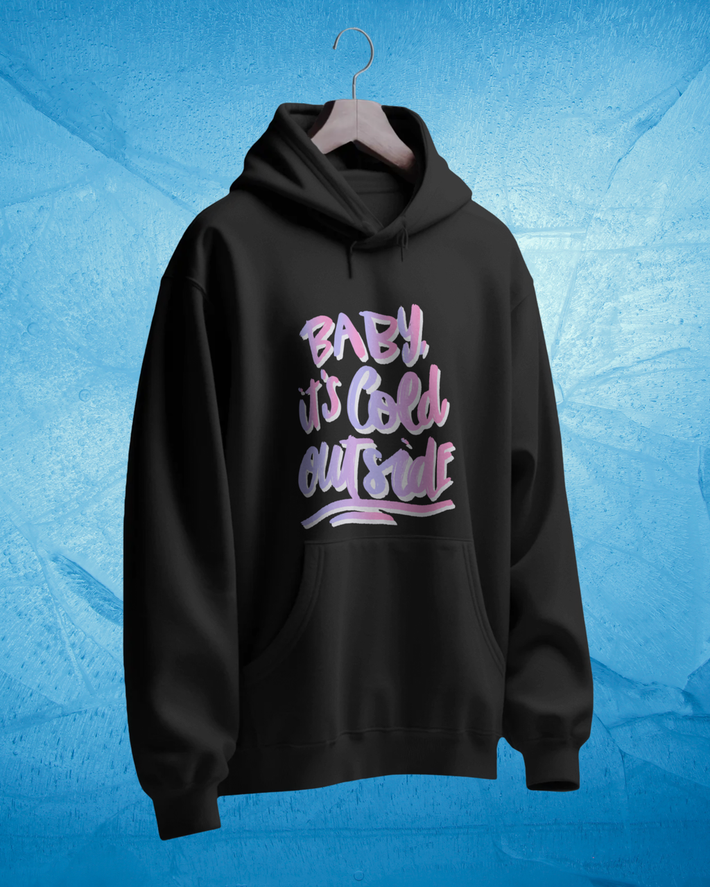 Black hoodie with pink text on a blue textured background