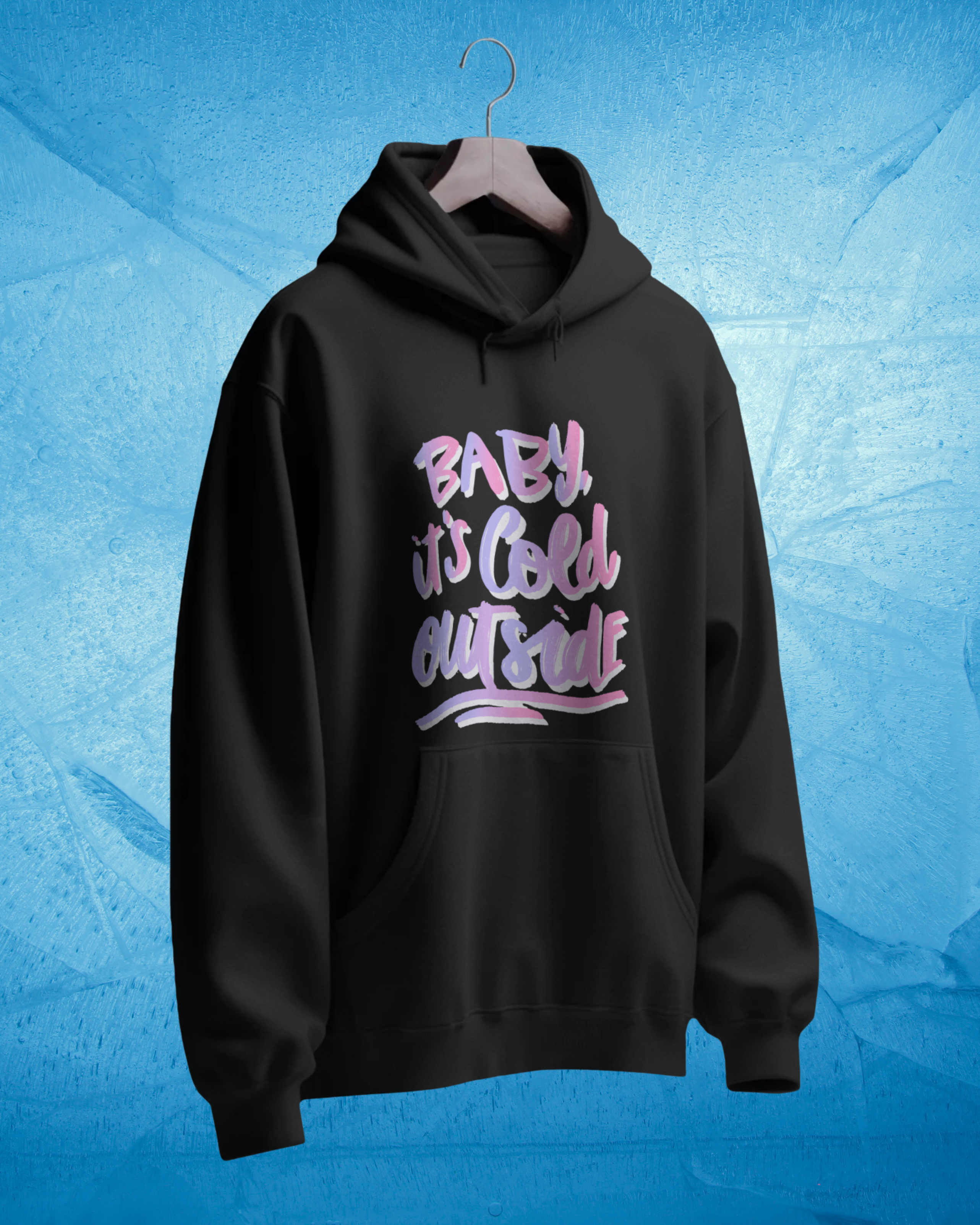Black hoodie with pink text on a blue textured background