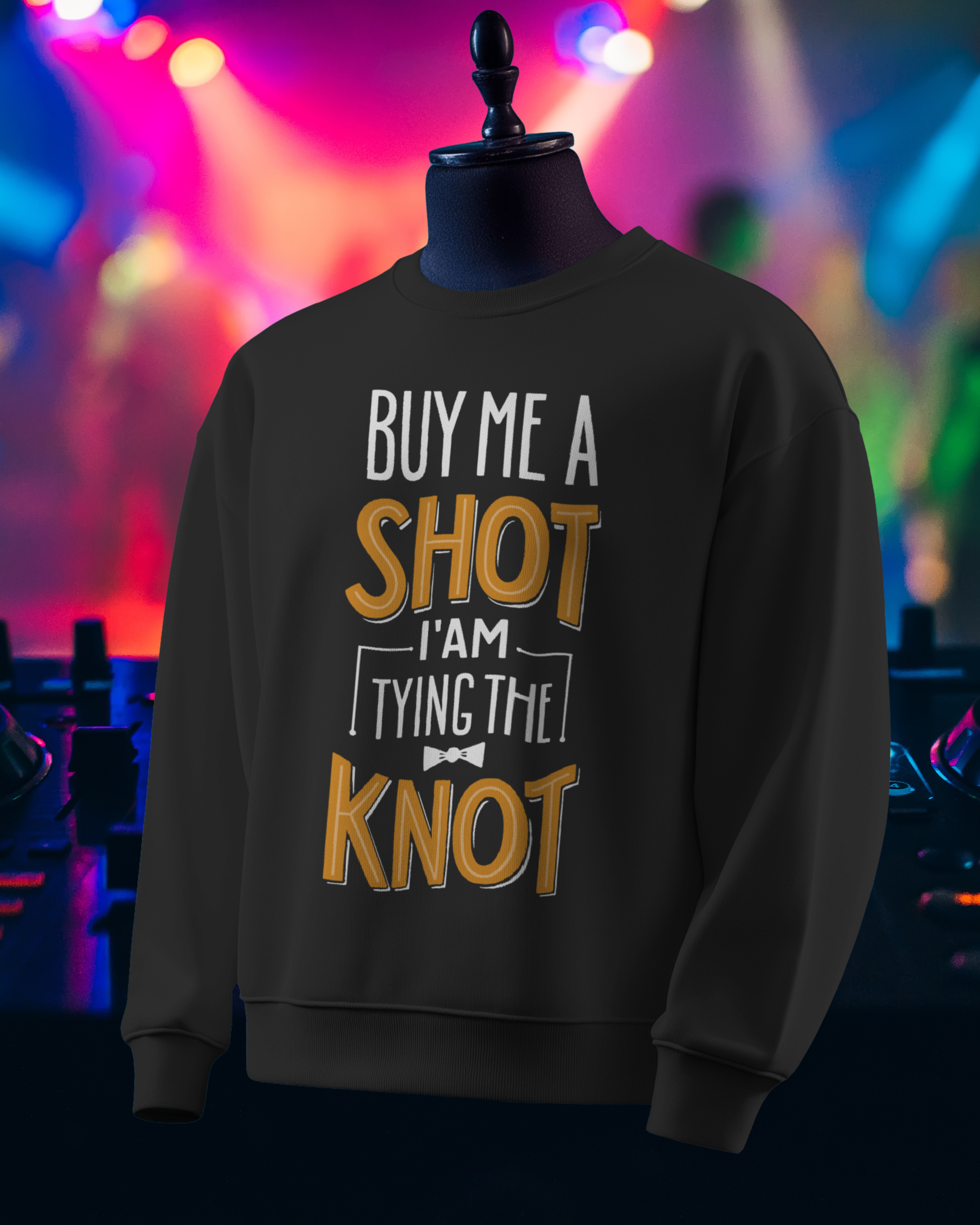 Black sweatshirt with text on a mannequin against a colorful background