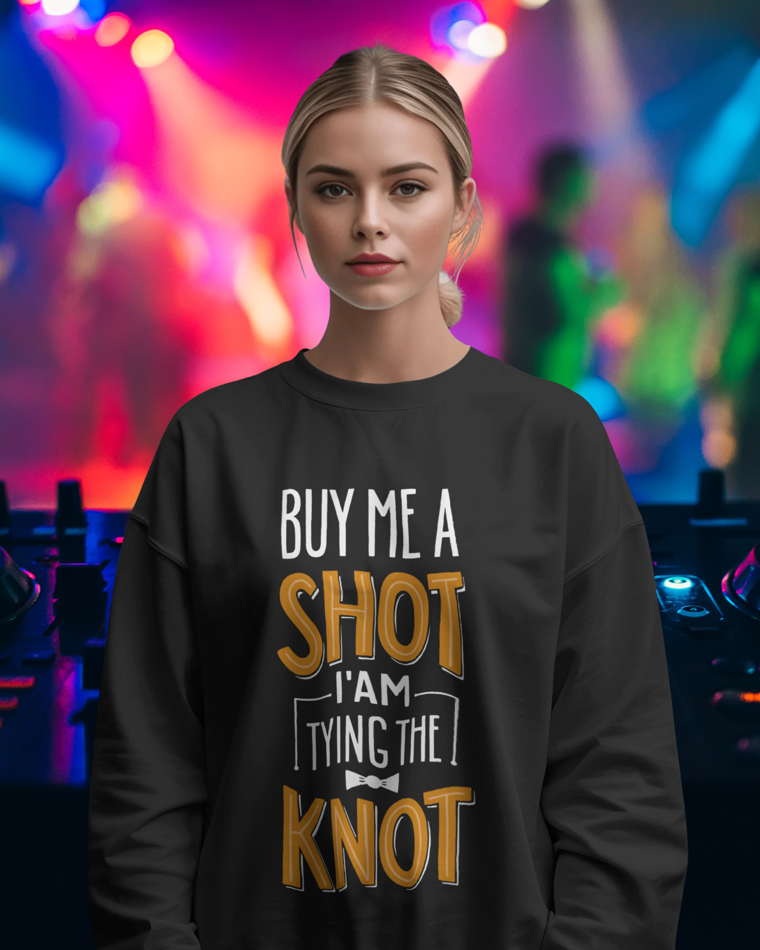 Woman wearing a black sweatshirt with humorous text in a nightclub setting