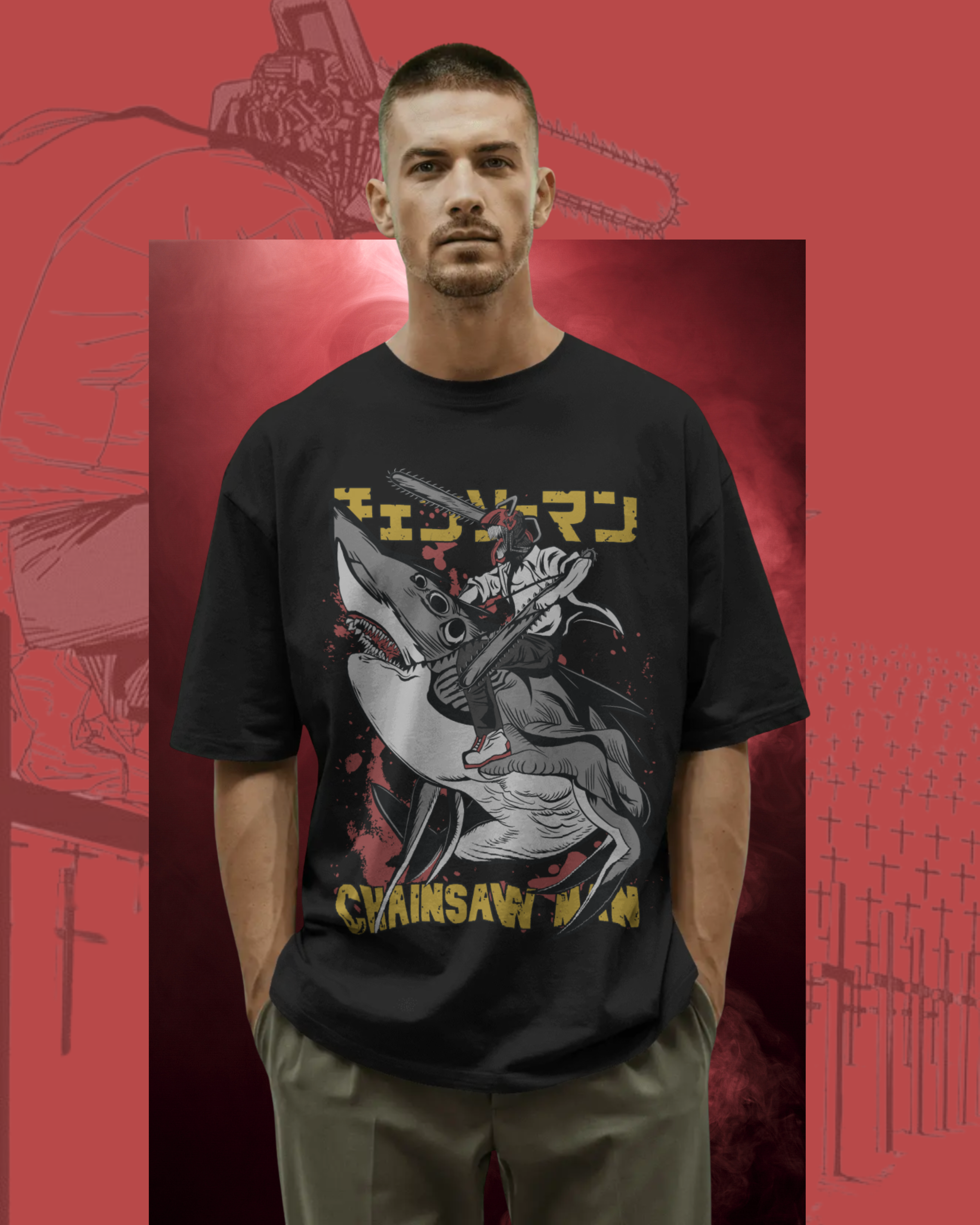 Black t-shirt with a graphic design of a skeleton holding a chainsaw on a red background