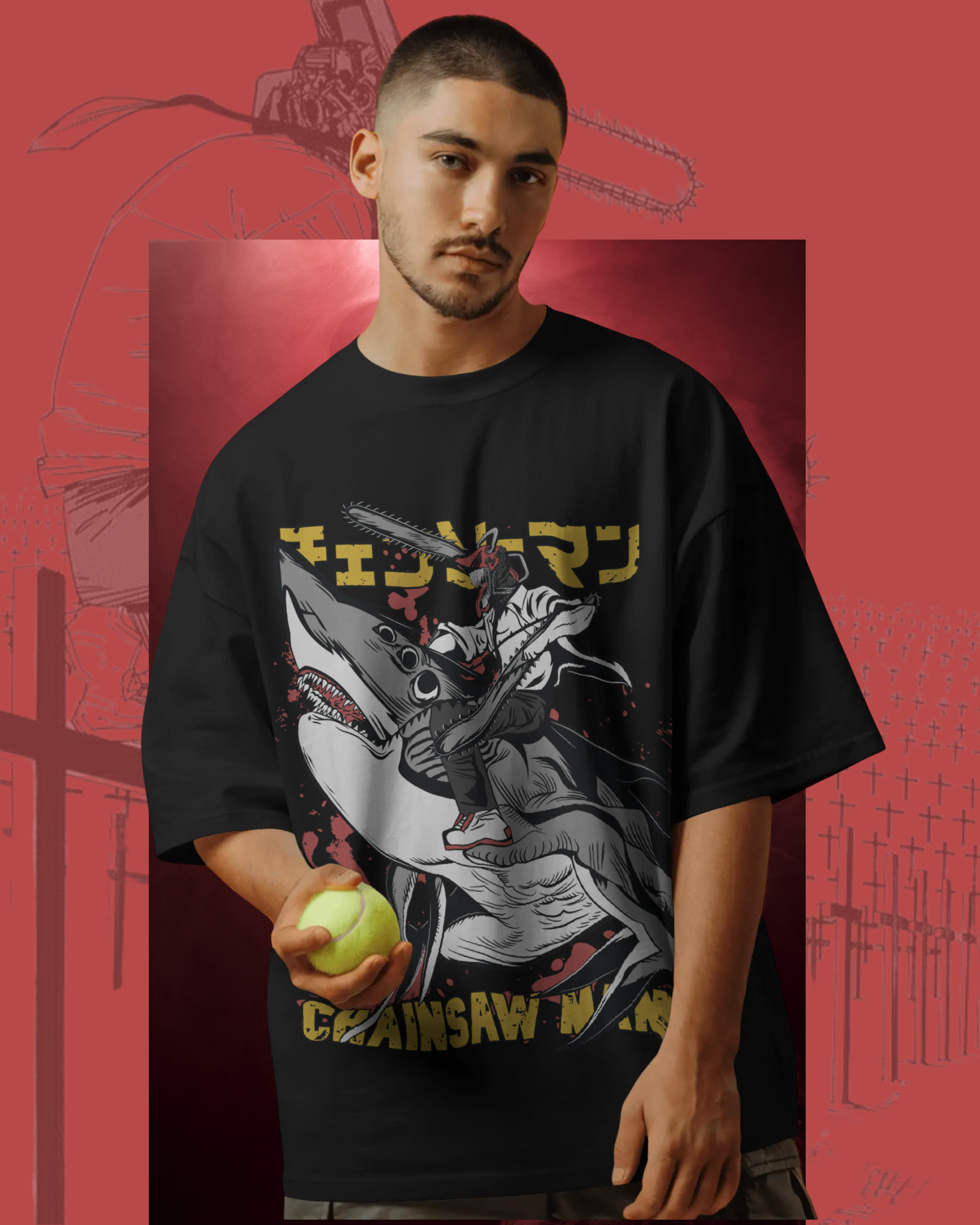 Chainsaw Man oversized t-shirt mockup featuring bold anime graphic of Denji with chainsaw head, displayed on a flat lay for streetwear style preview