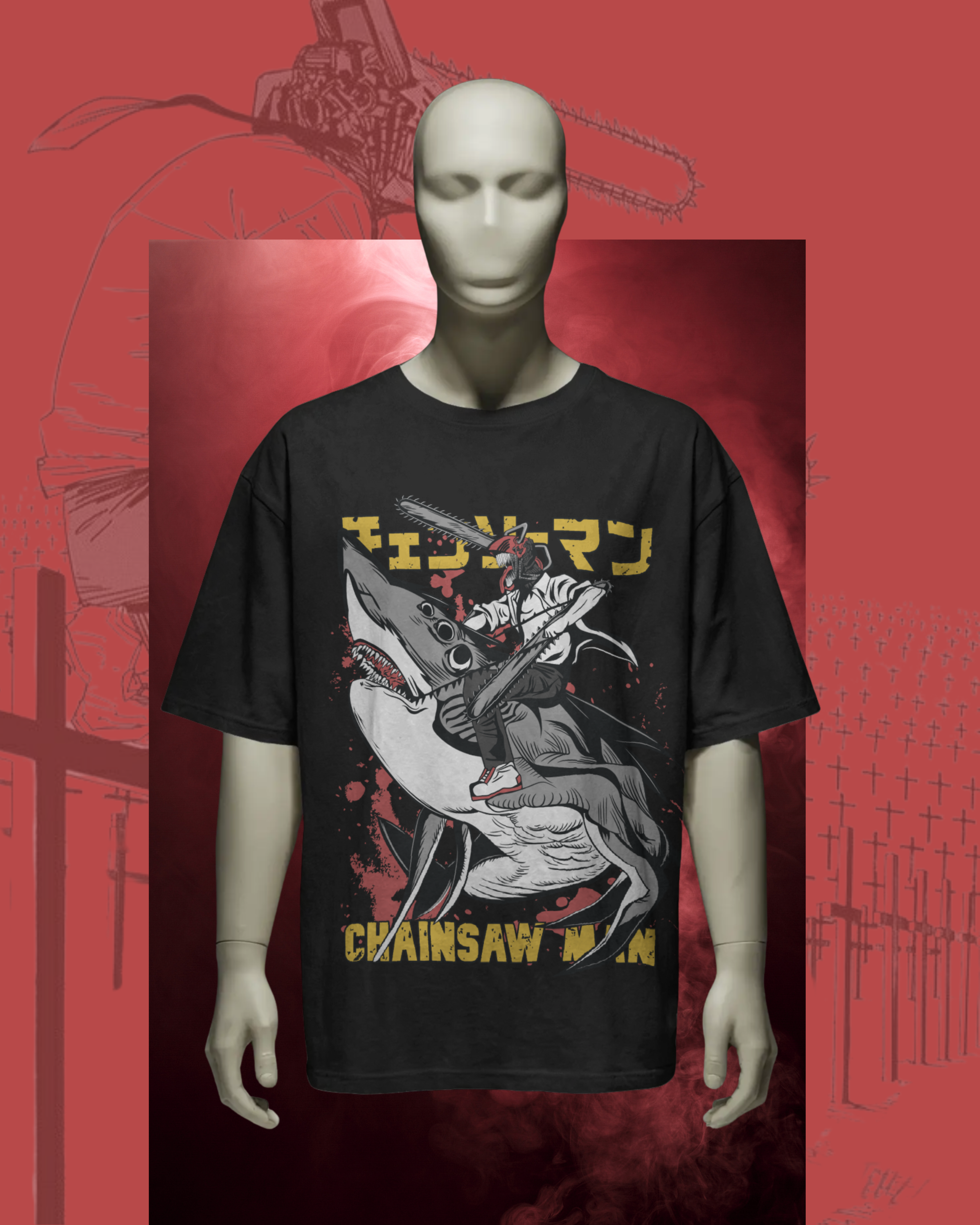 Chainsaw Man oversized t-shirt mockup featuring bold anime graphic of Denji with chainsaw head, displayed on a flat lay for streetwear style preview