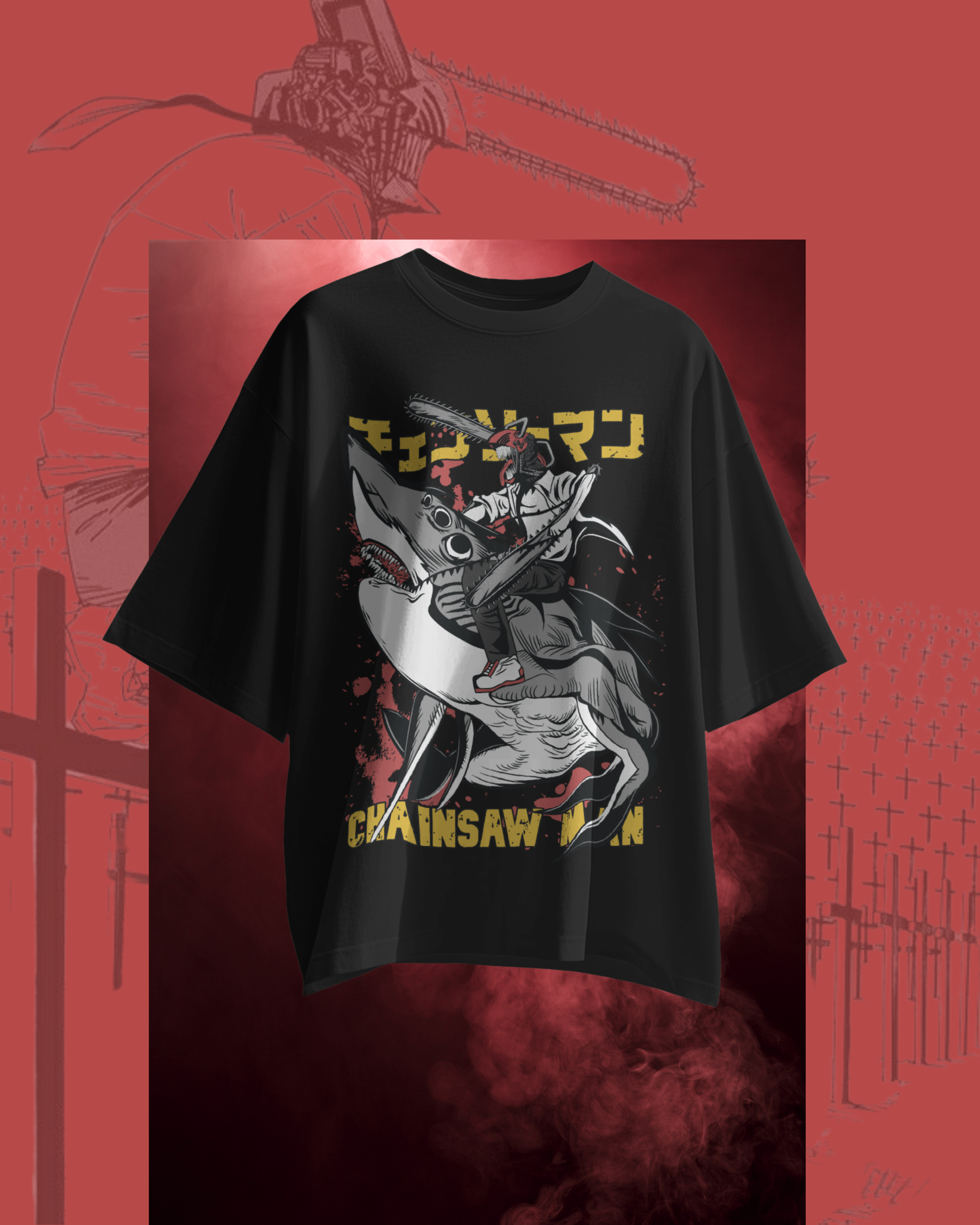 Black t-shirt with a graphic design of a skeleton holding a chainsaw on a red background