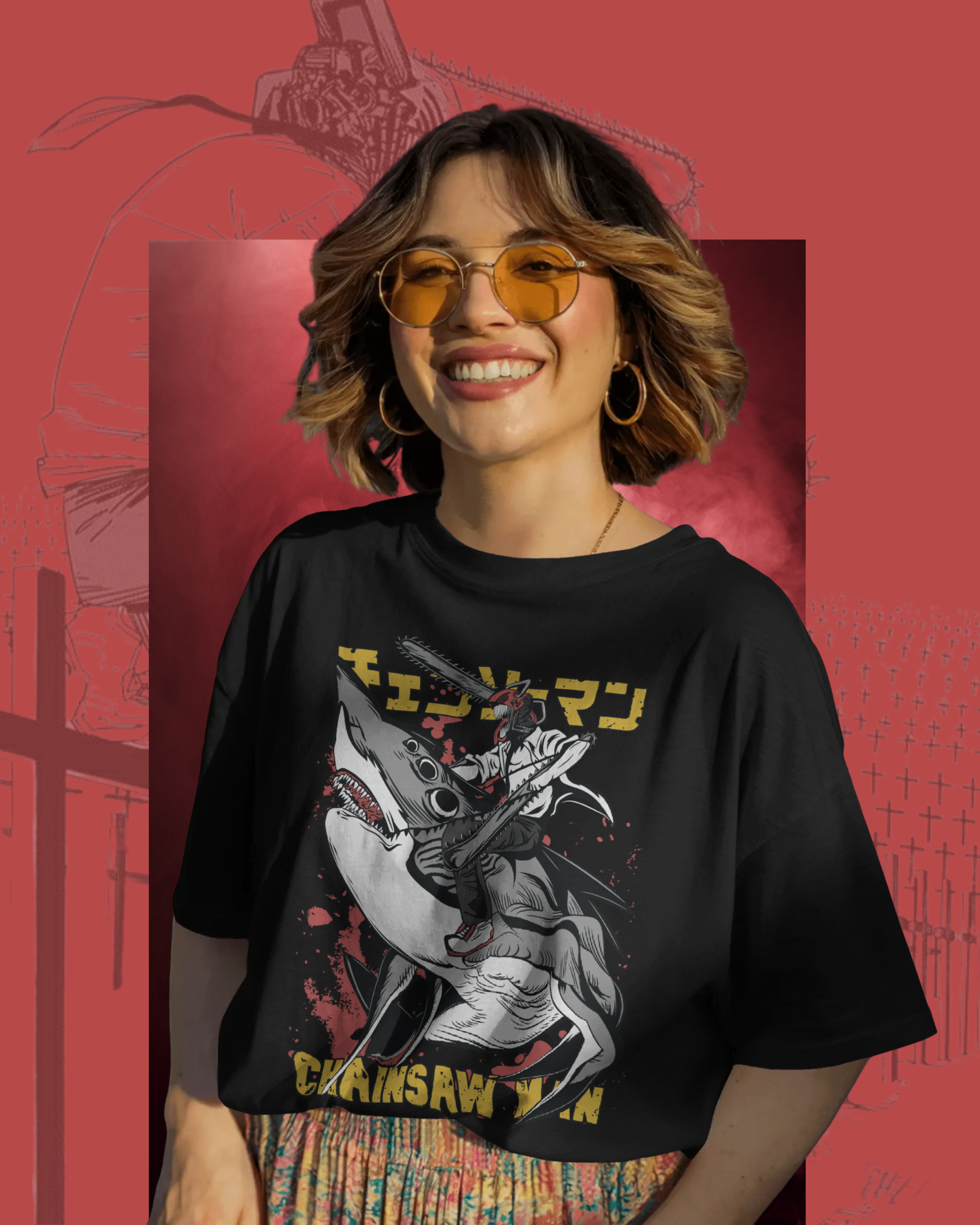 Chainsaw Man oversized t-shirt mockup featuring bold anime graphic of Denji with chainsaw head, displayed on a flat lay for streetwear style preview