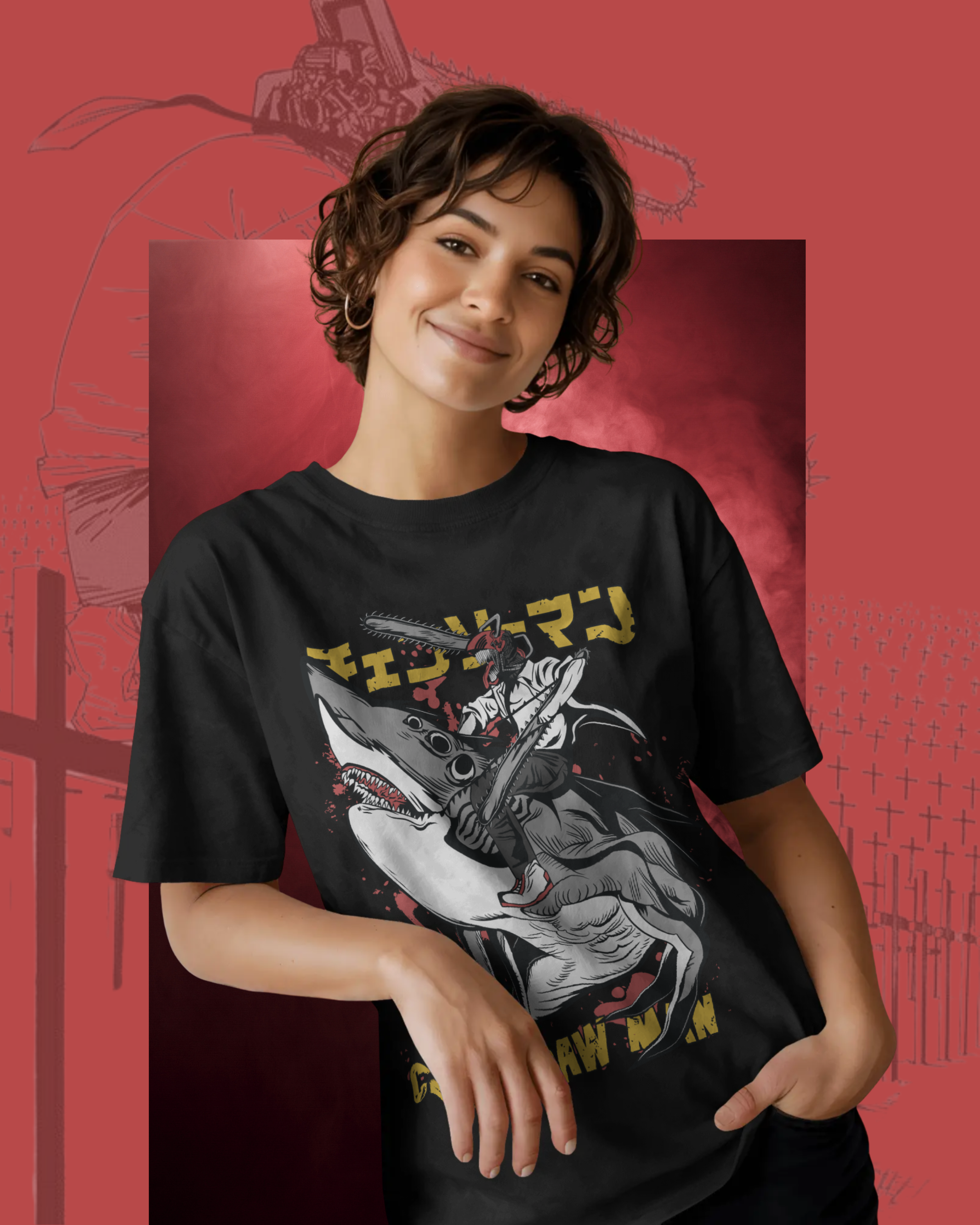 Chainsaw Man oversized t-shirt mockup featuring bold anime graphic of Denji with chainsaw head, displayed on a flat lay for streetwear style preview