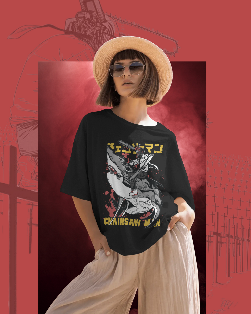Chainsaw Man oversized t-shirt mockup featuring bold anime graphic of Denji with chainsaw head, displayed on a flat lay for streetwear style preview