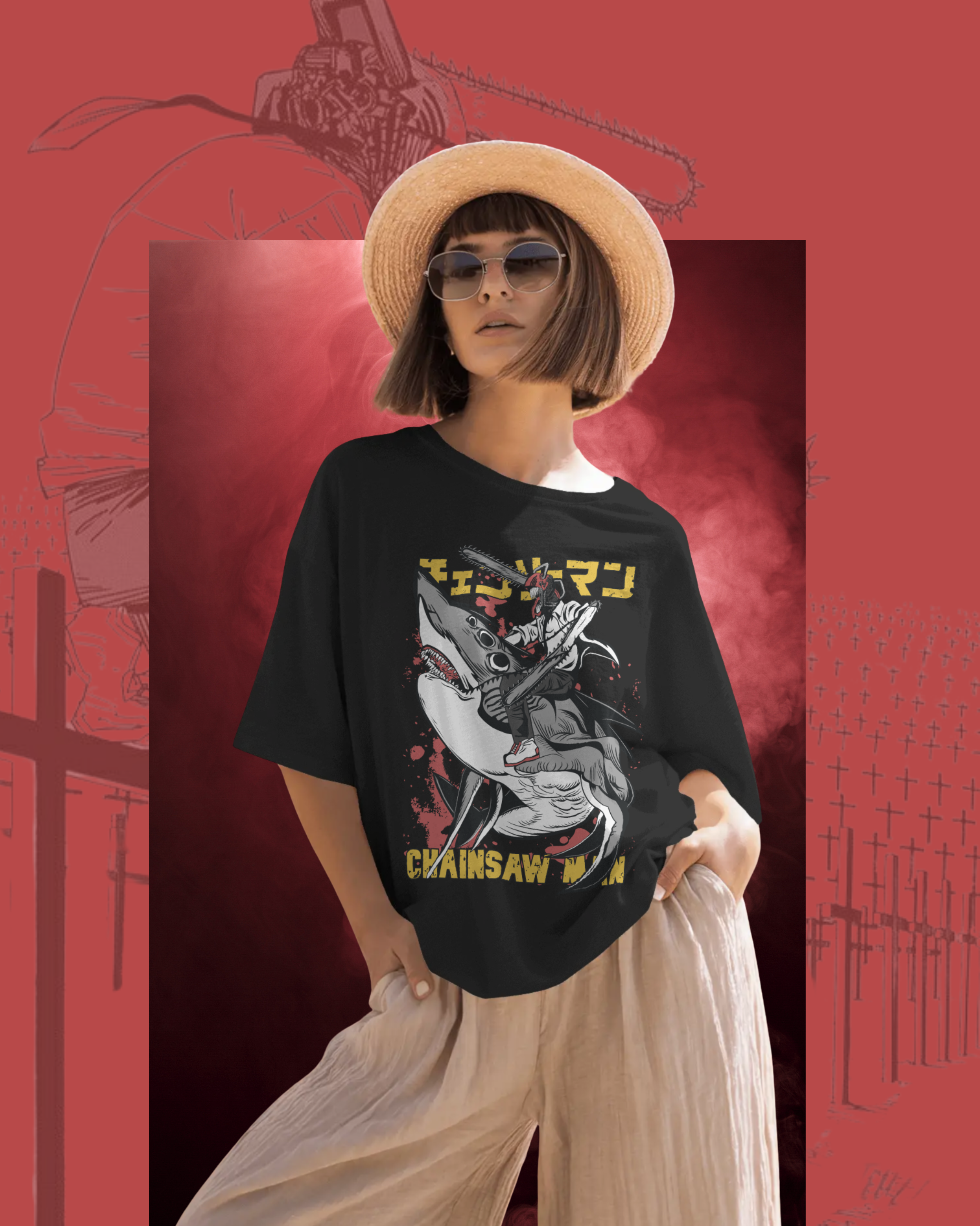 Chainsaw Man oversized t-shirt mockup featuring bold anime graphic of Denji with chainsaw head, displayed on a flat lay for streetwear style preview
