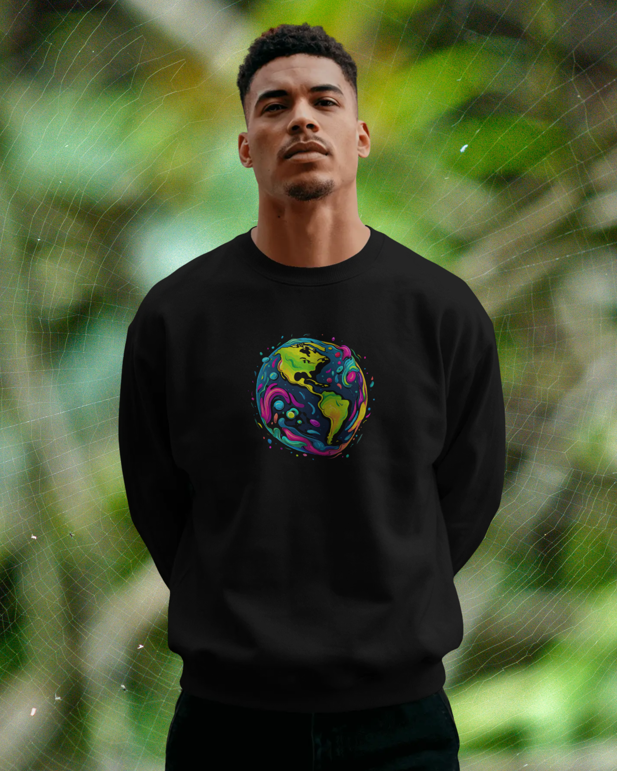 Man wearing a black sweatshirt with a colorful graphic design outdoors