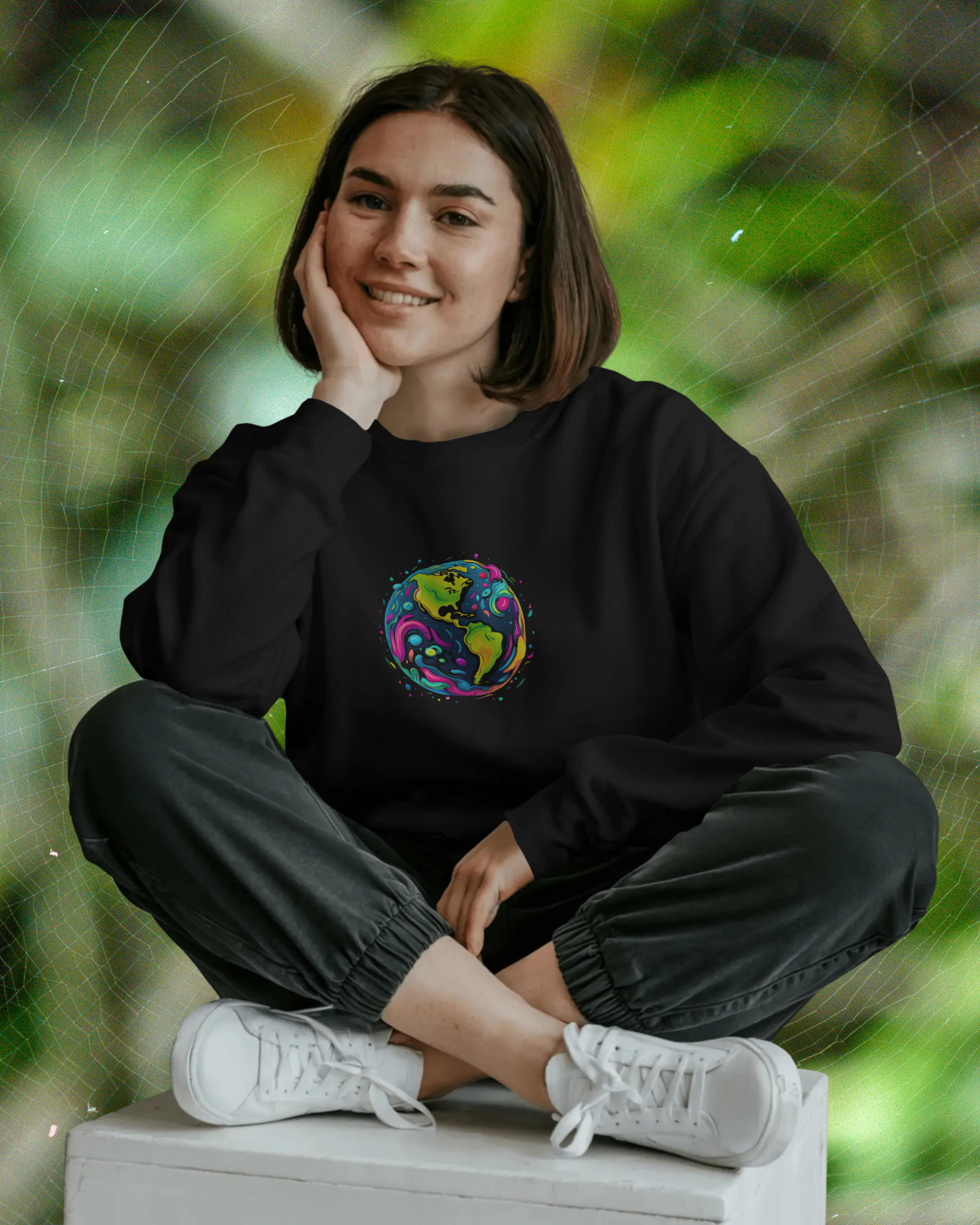 Person wearing a black sweatshirt with a colorful design, sitting on a white block with a green blurred background