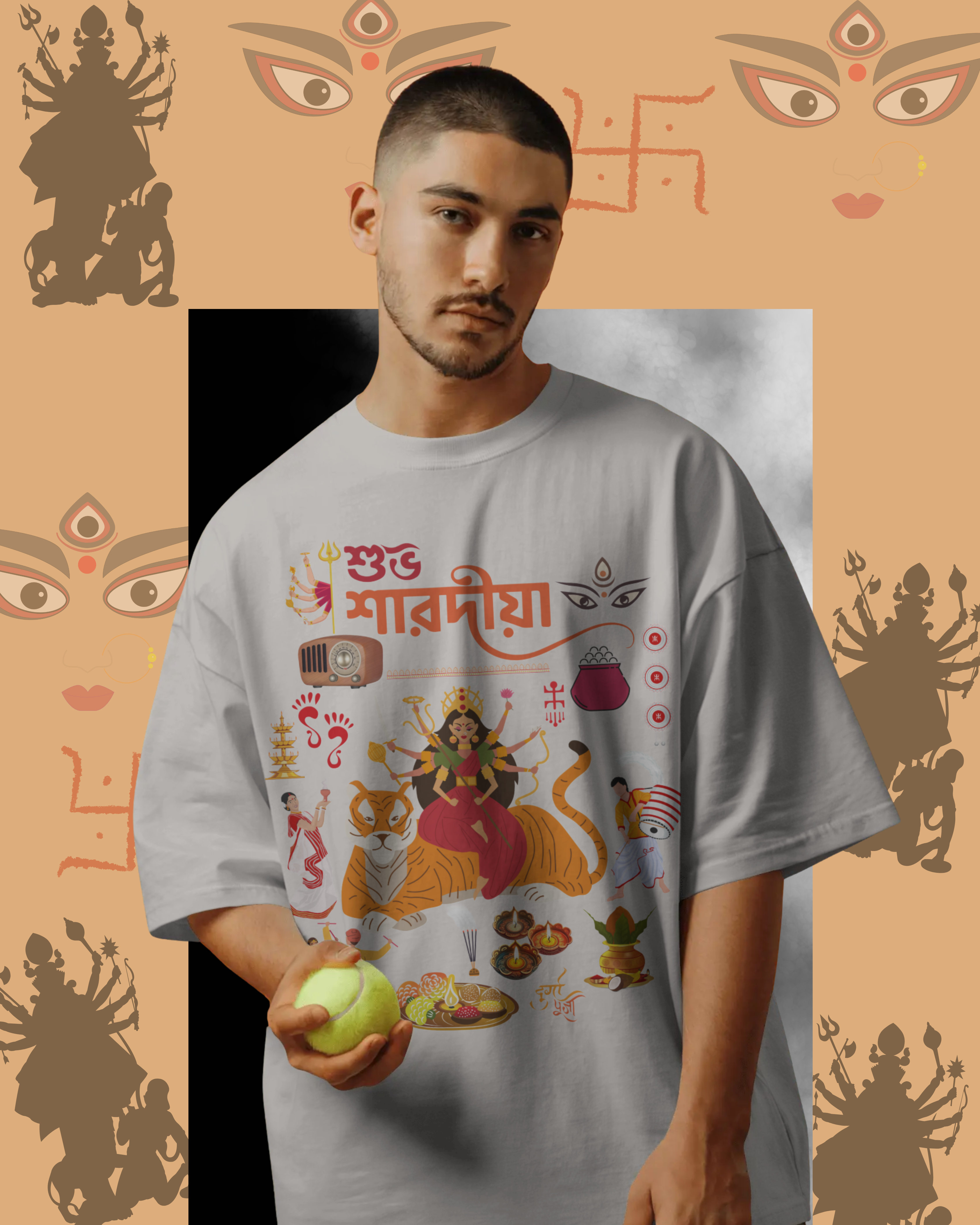 Durga Pujo festival t-shirt mockup with traditional Bengali design for celebrations
