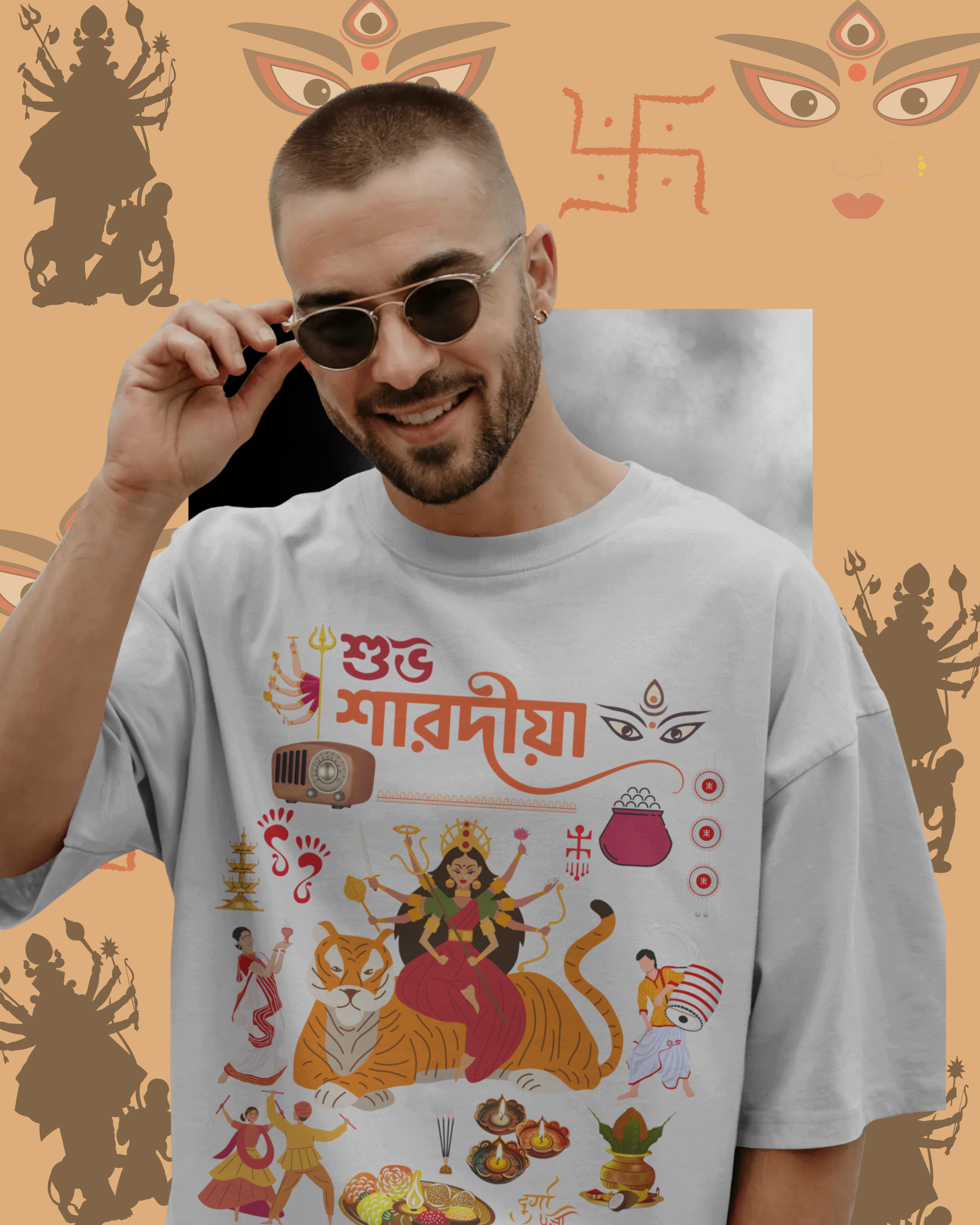 Durga Pujo festival t-shirt mockup with traditional Bengali design for celebrations