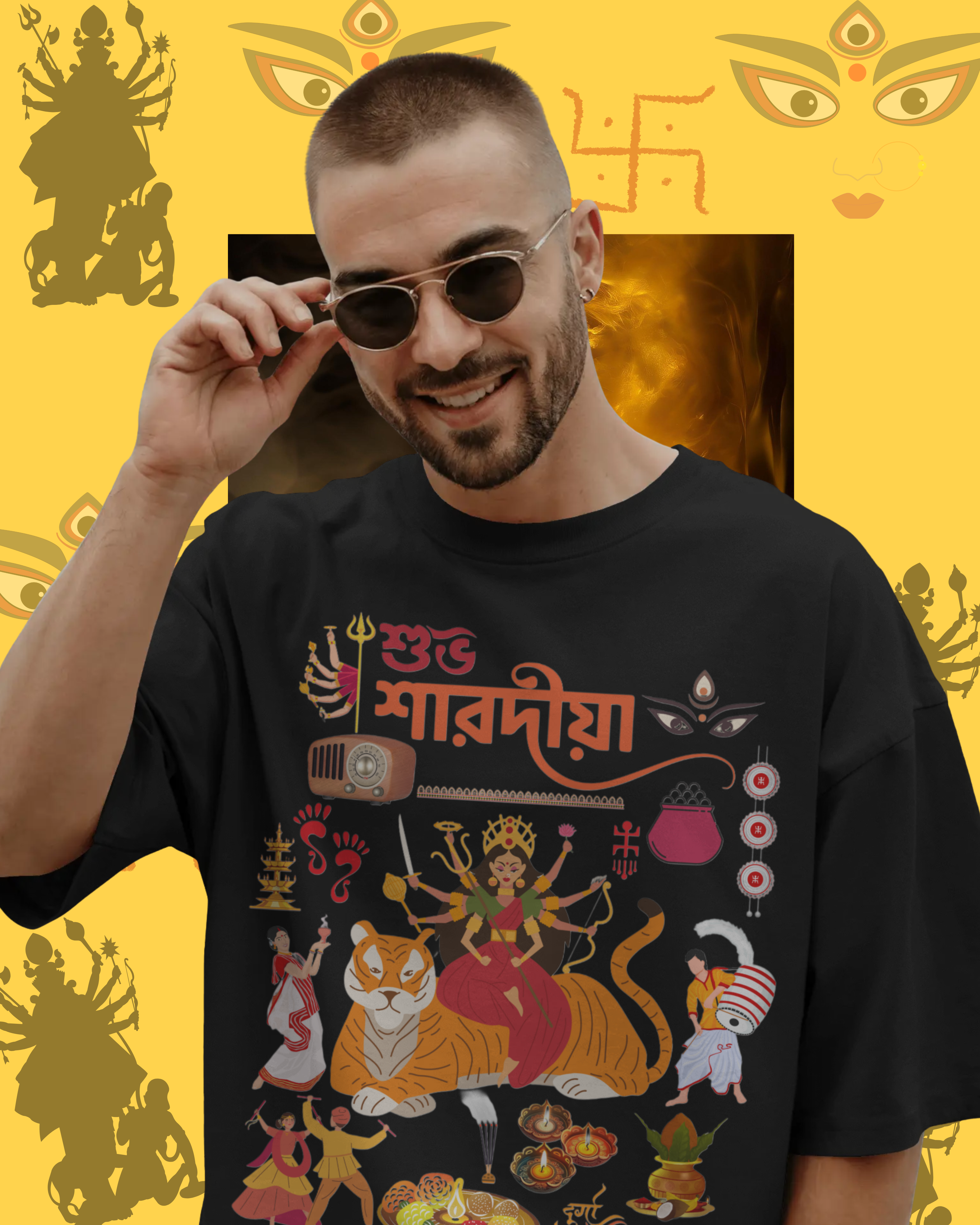 Durga Pujo festival t-shirt mockup with traditional Bengali design for celebrations