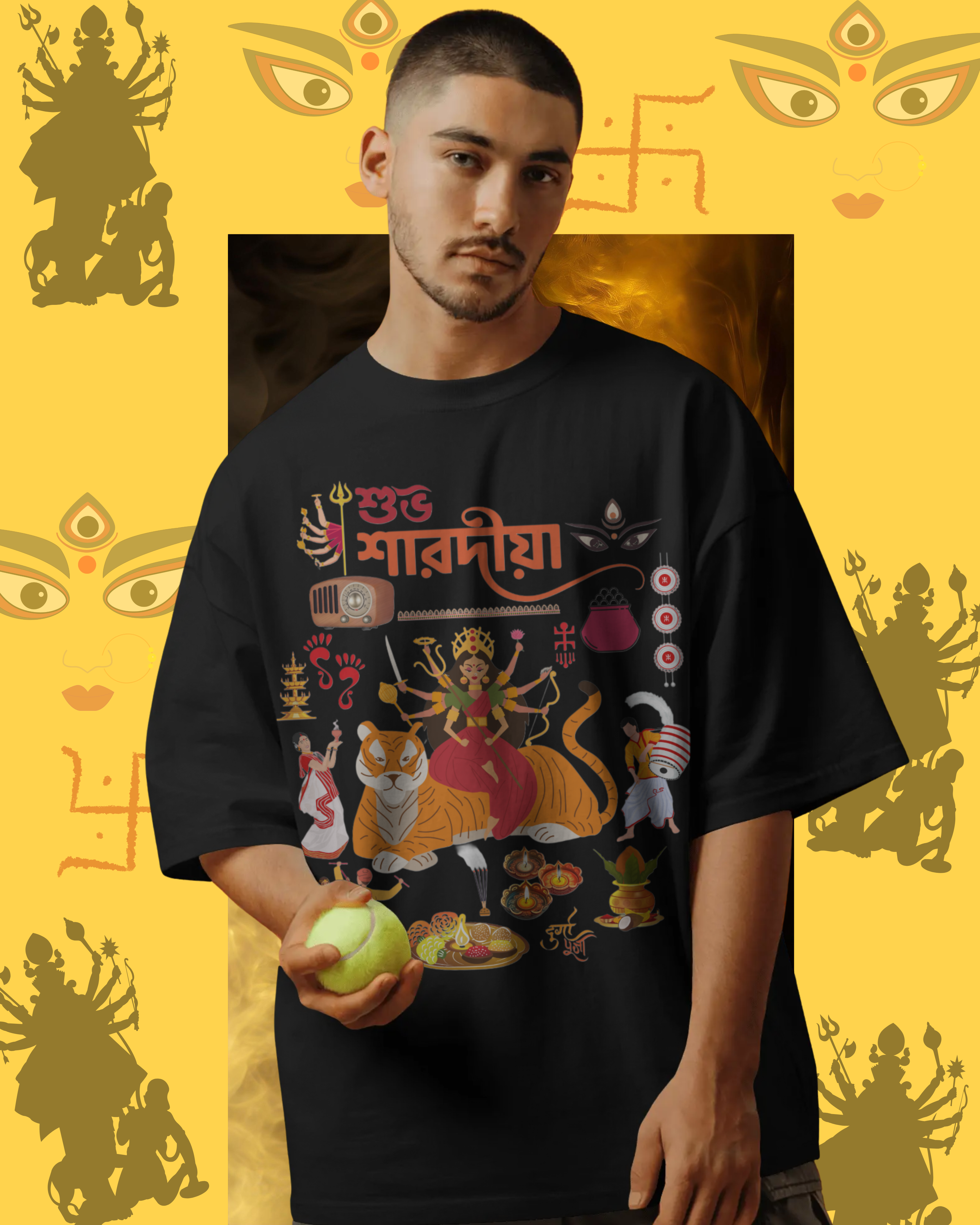 Durga Pujo festival t-shirt mockup with traditional Bengali design for celebrations
