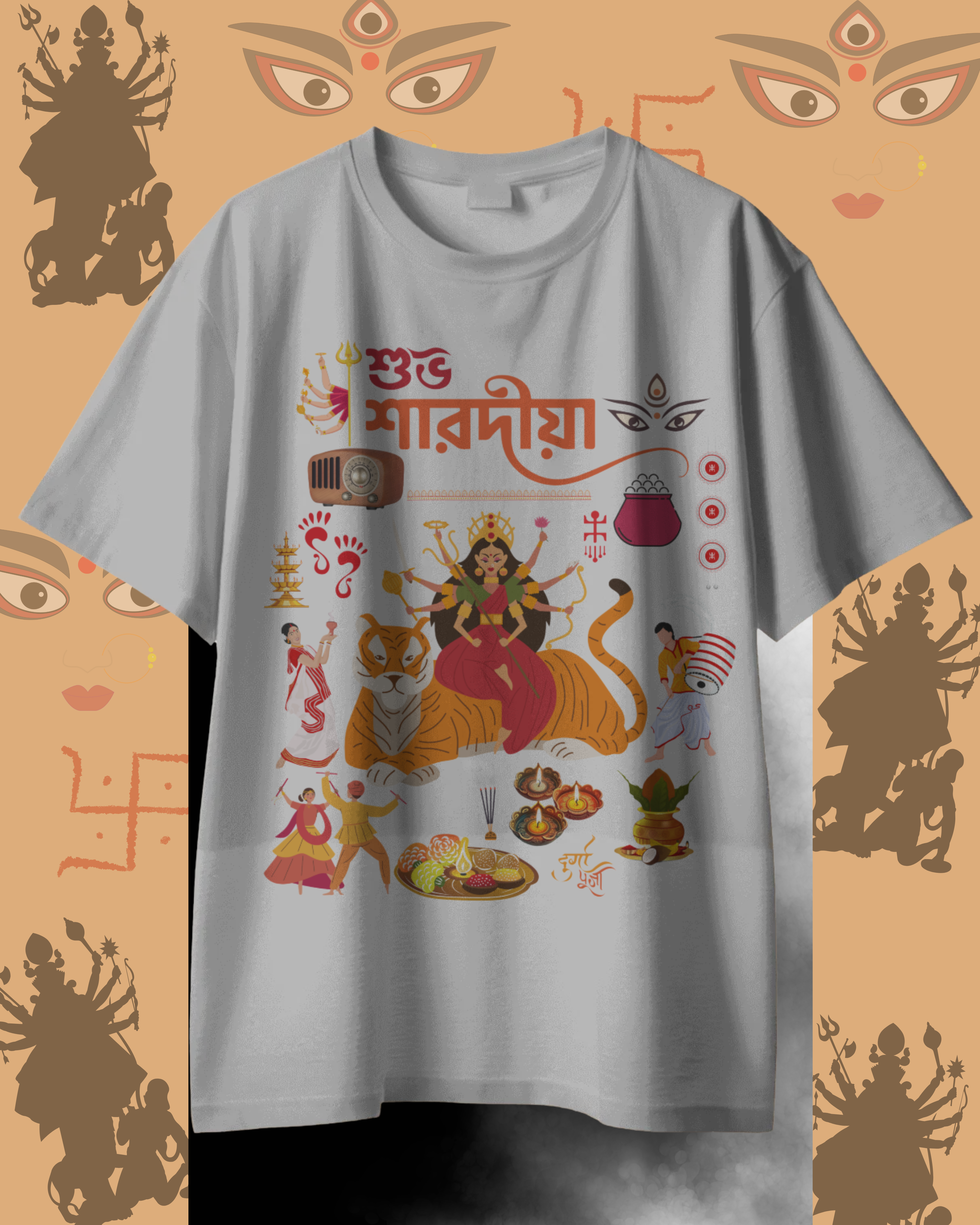 Durga Pujo festival t-shirt mockup with traditional Bengali design for celebrations