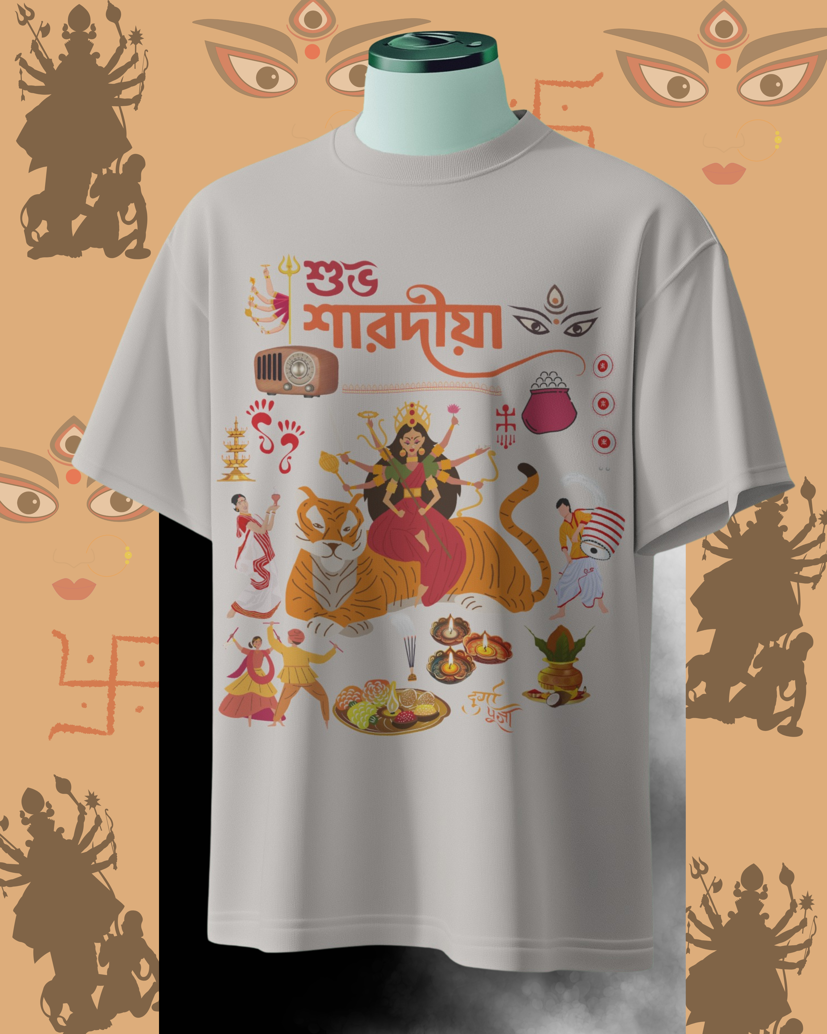 Durga Pujo festival t-shirt mockup with traditional Bengali design for celebrations