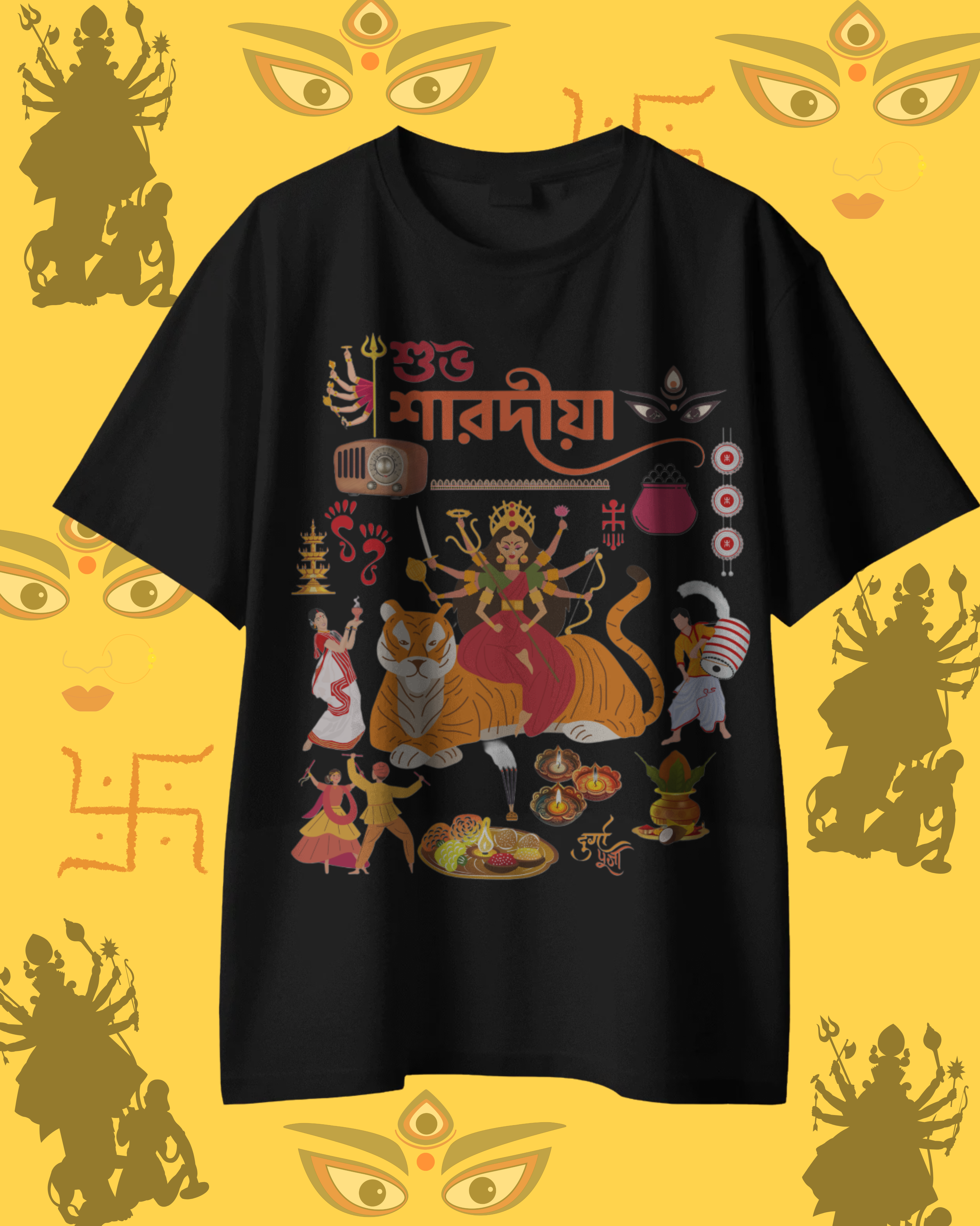 Durga Pujo festival t-shirt mockup with traditional Bengali design for celebrations