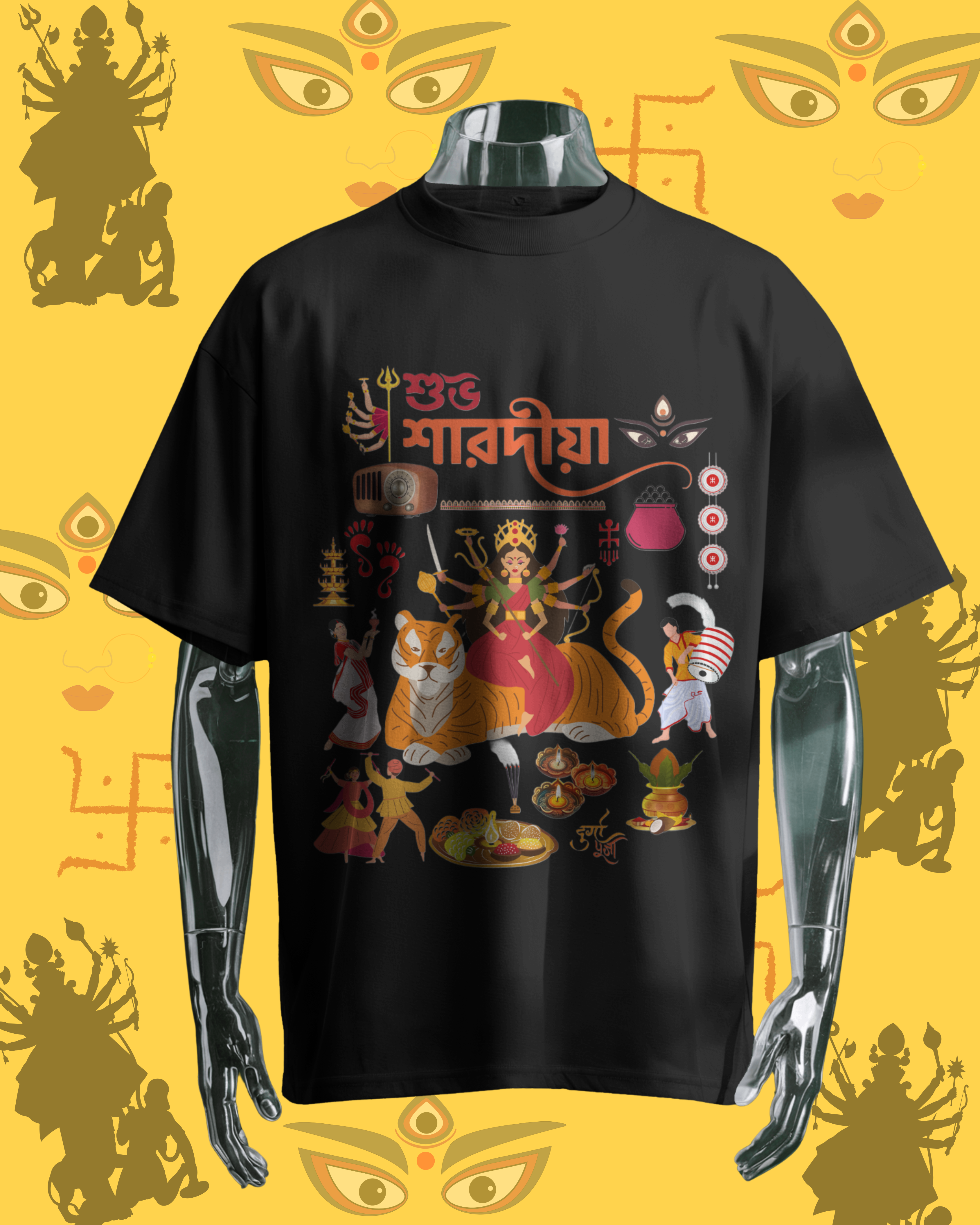 Durga Pujo festival t-shirt mockup with traditional Bengali design for celebrations