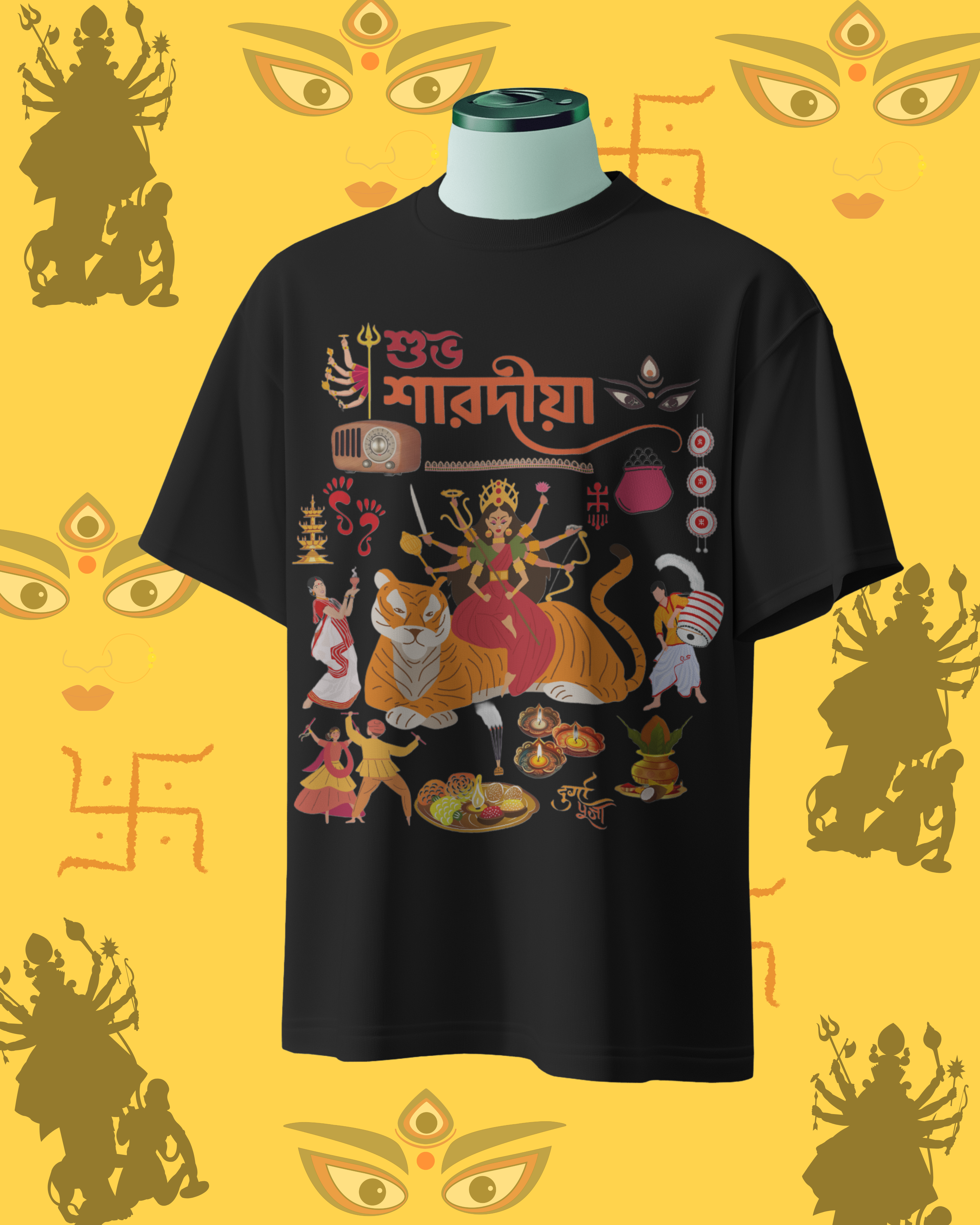 Durga Pujo festival t-shirt mockup with traditional Bengali design for celebrations