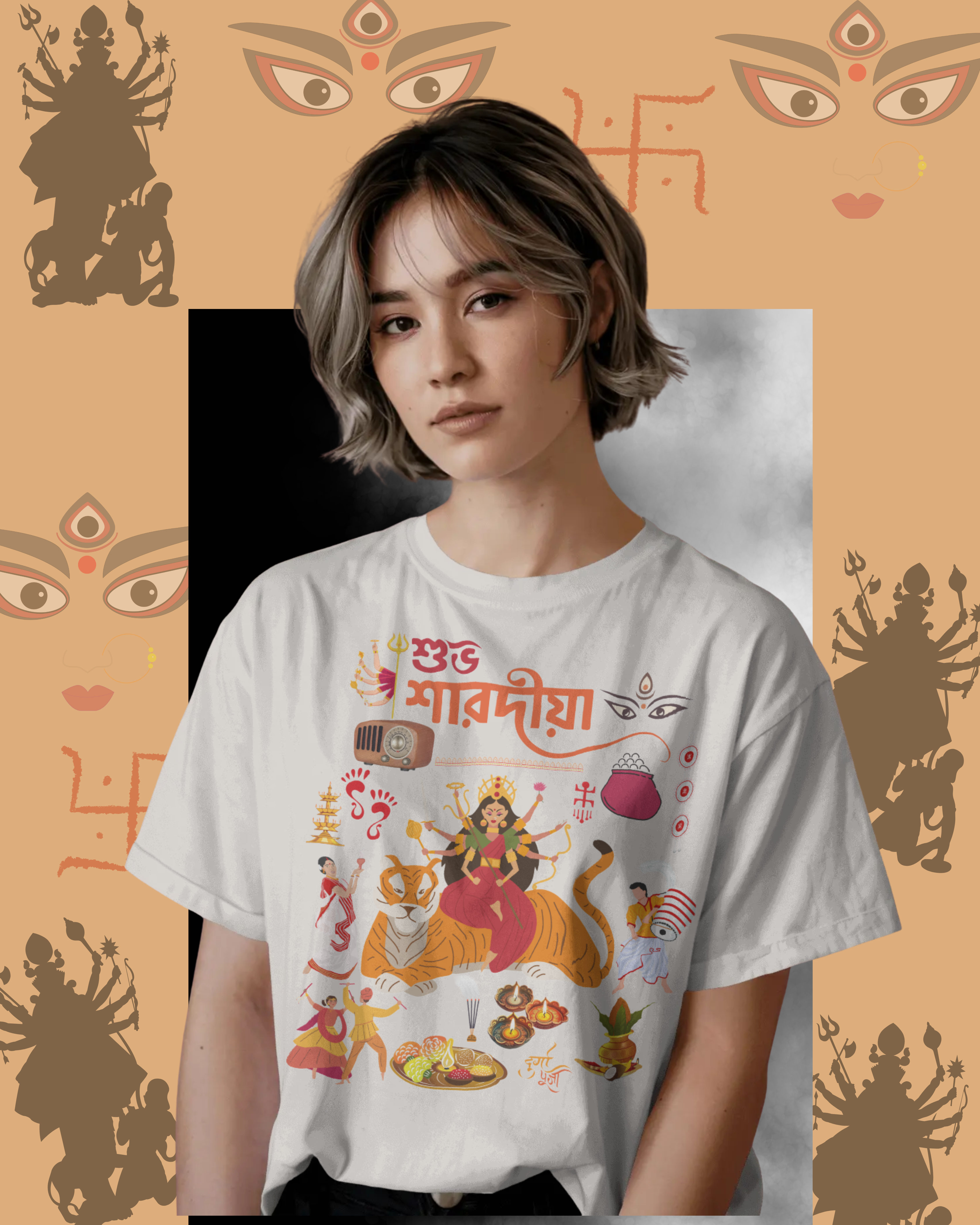 Durga Pujo festival t-shirt mockup with traditional Bengali design for celebrations