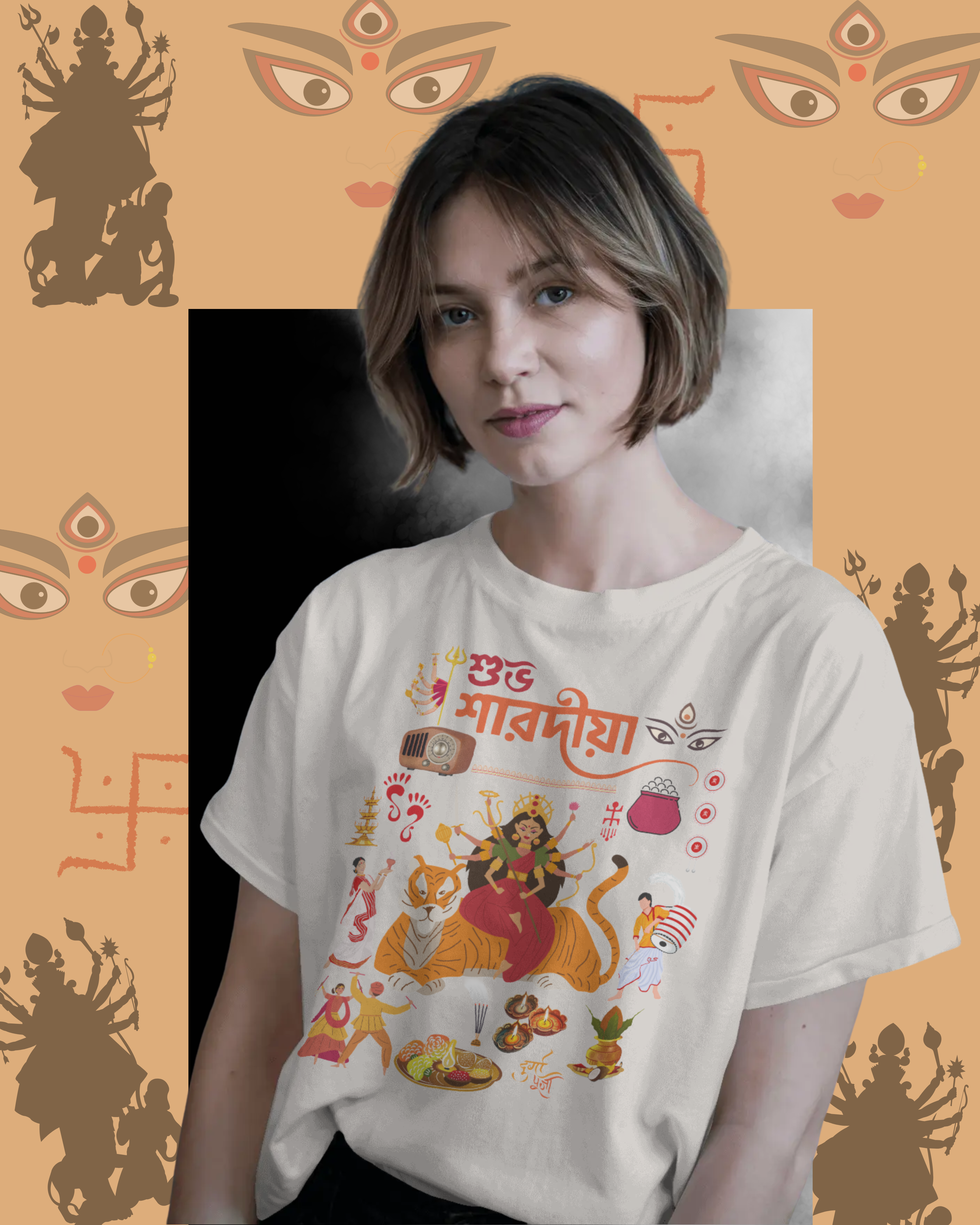 Durga Pujo festival t-shirt mockup with traditional Bengali design for celebrations