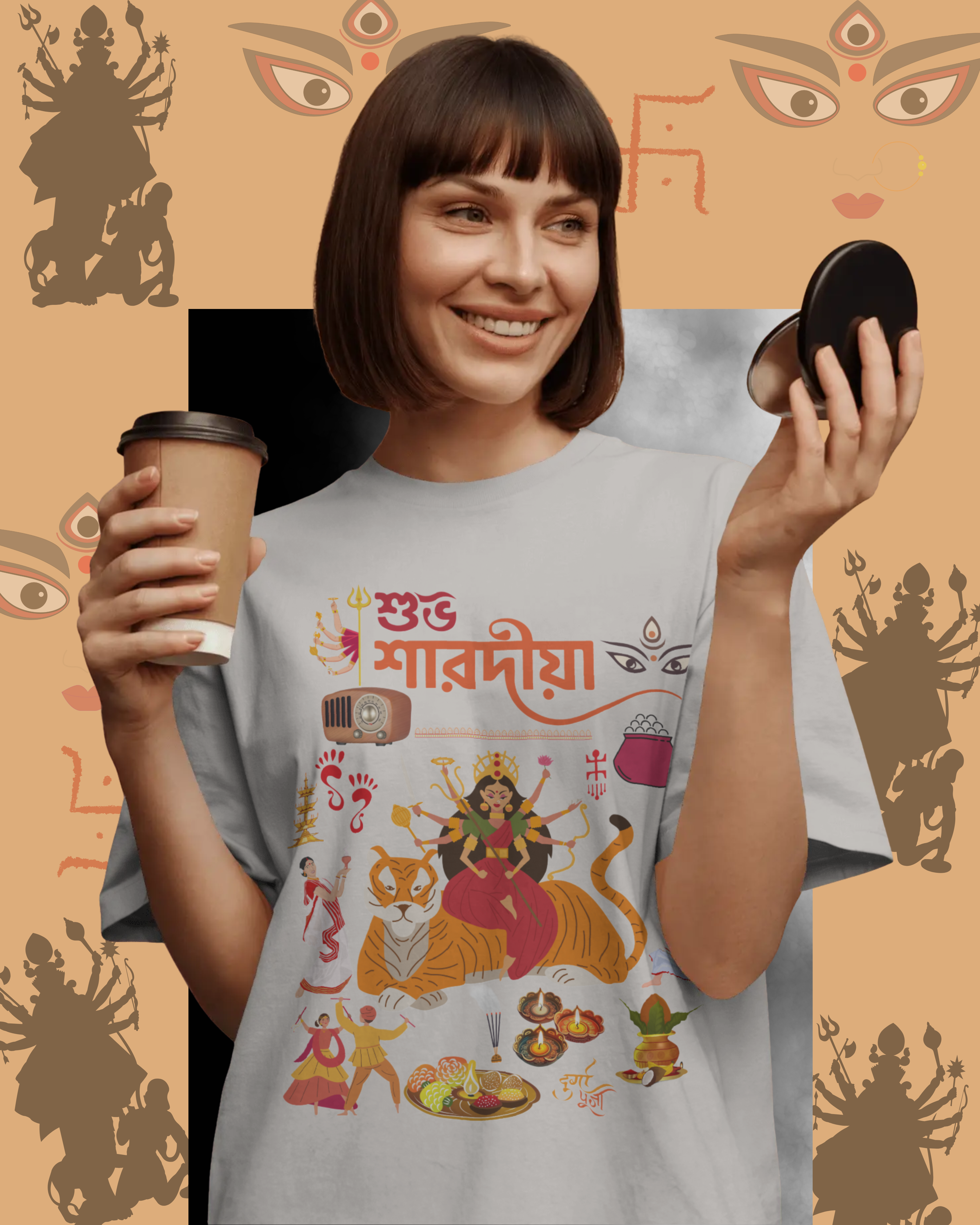 Durga Pujo festival t-shirt mockup with traditional Bengali design for celebrations