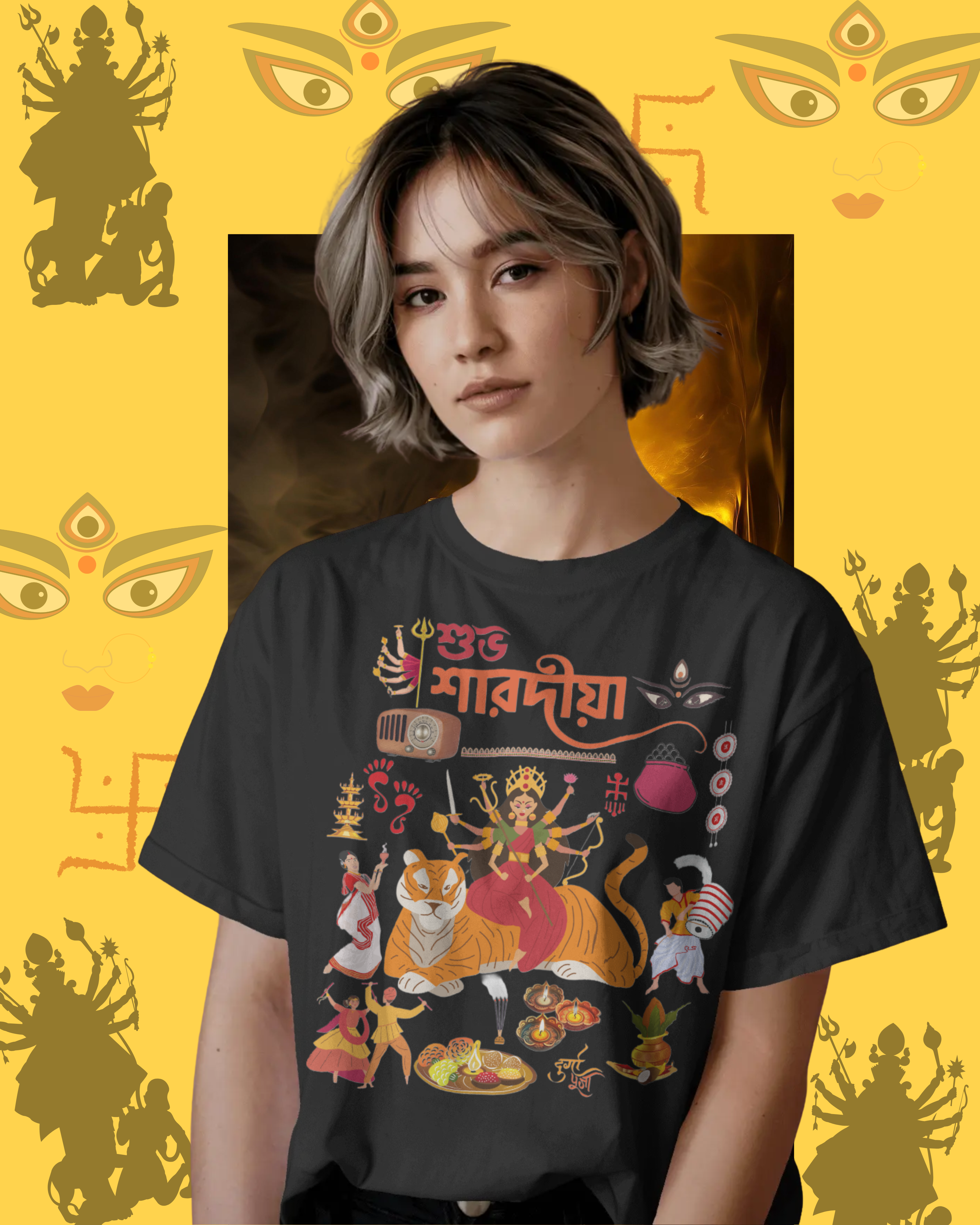 Durga Pujo festival t-shirt mockup with traditional Bengali design for celebrations